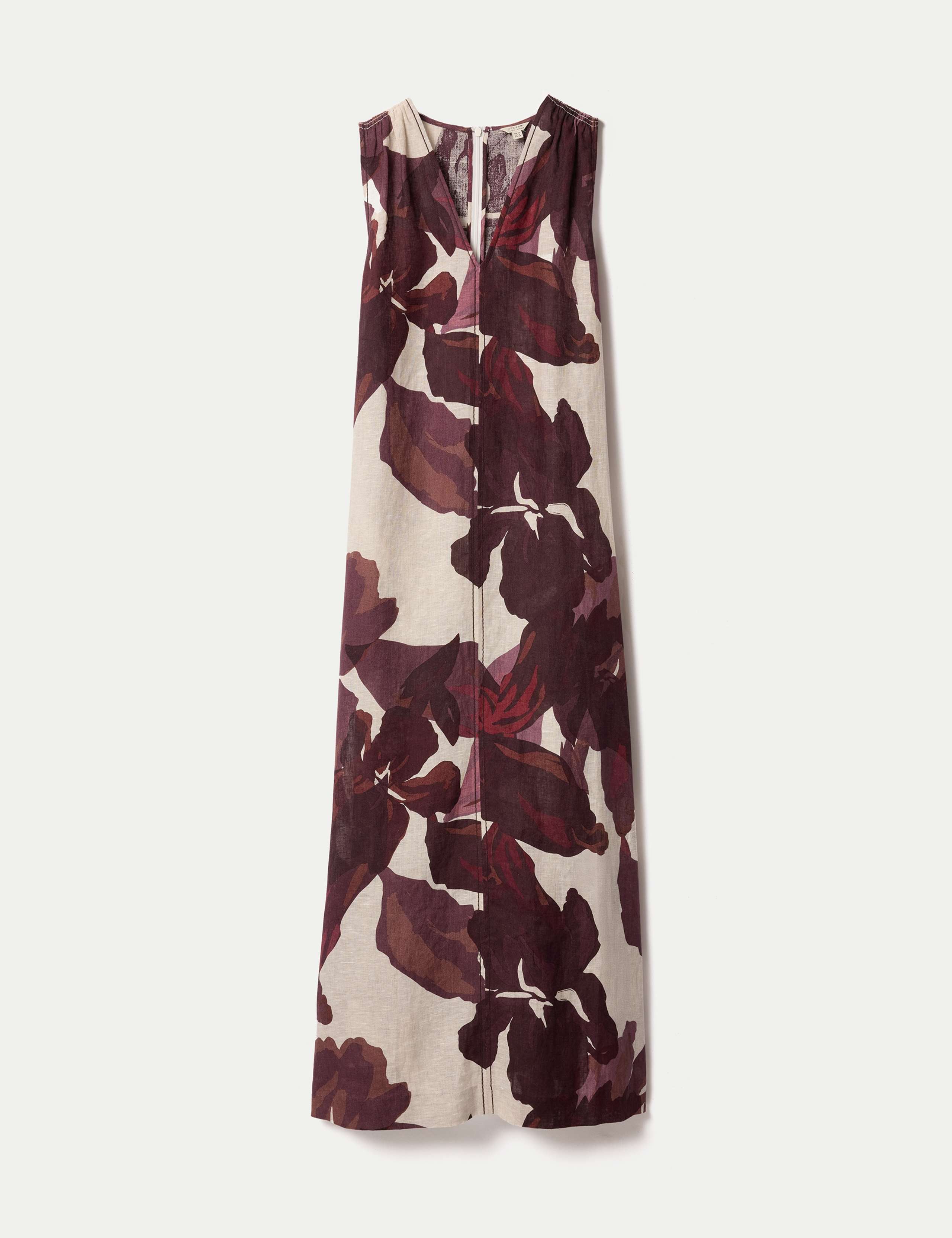 Pure Linen Iris Leaf V-Neck Midi Beach Dress 2 of 8