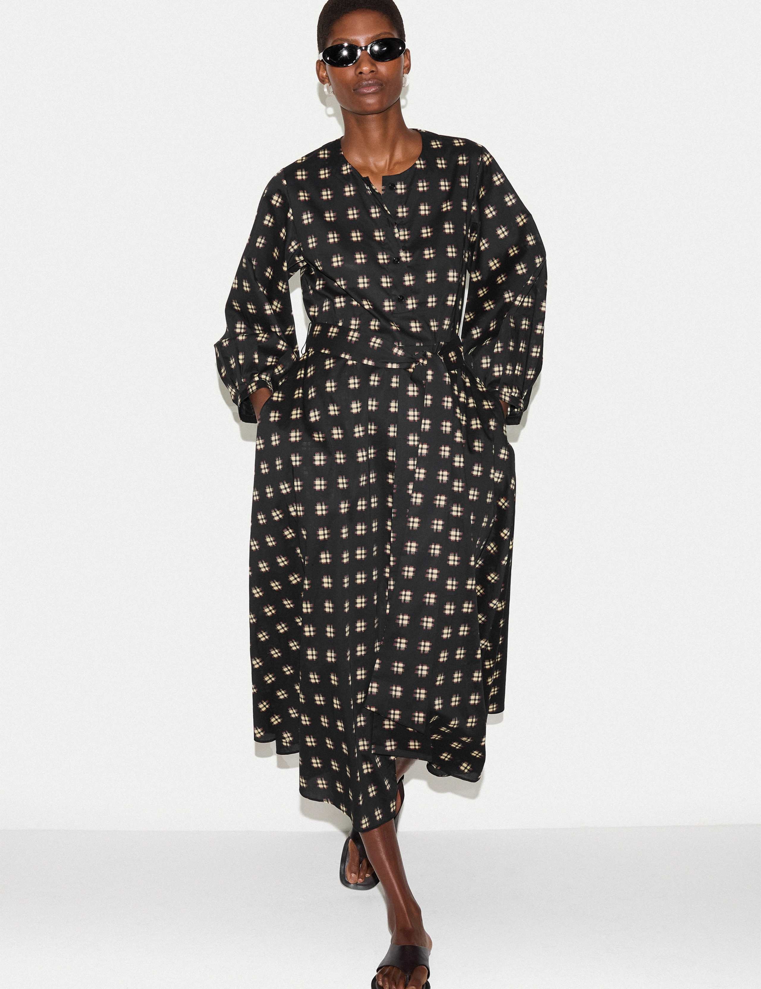 Pure Cotton Checked Midi Waisted Dress 3 of 5