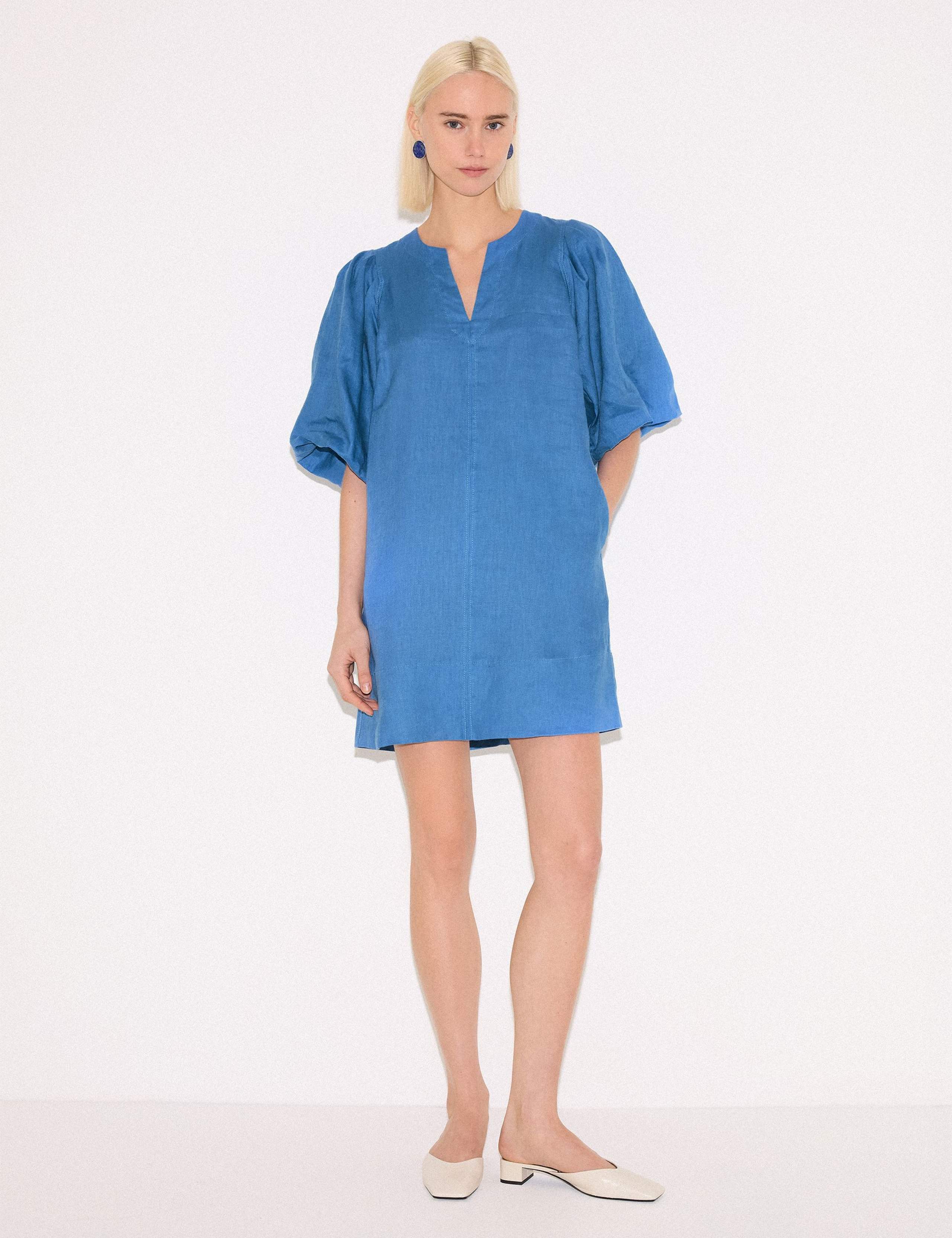 Pure Linen Puff Sleeve Mini Shift Dress 1 of 5