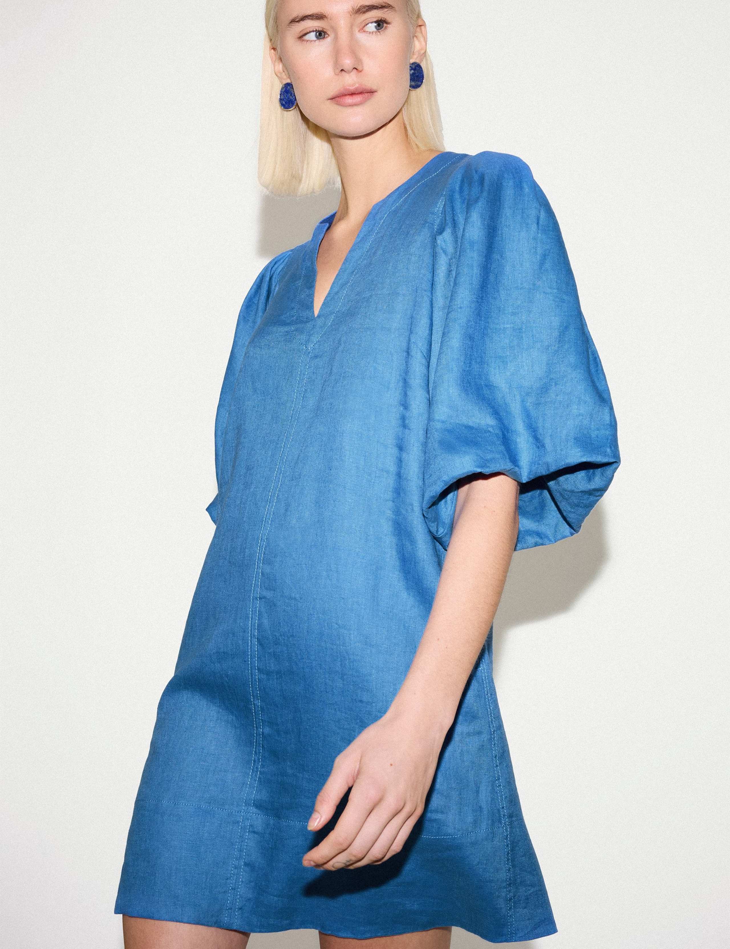 Pure Linen Puff Sleeve Mini Shift Dress 3 of 5