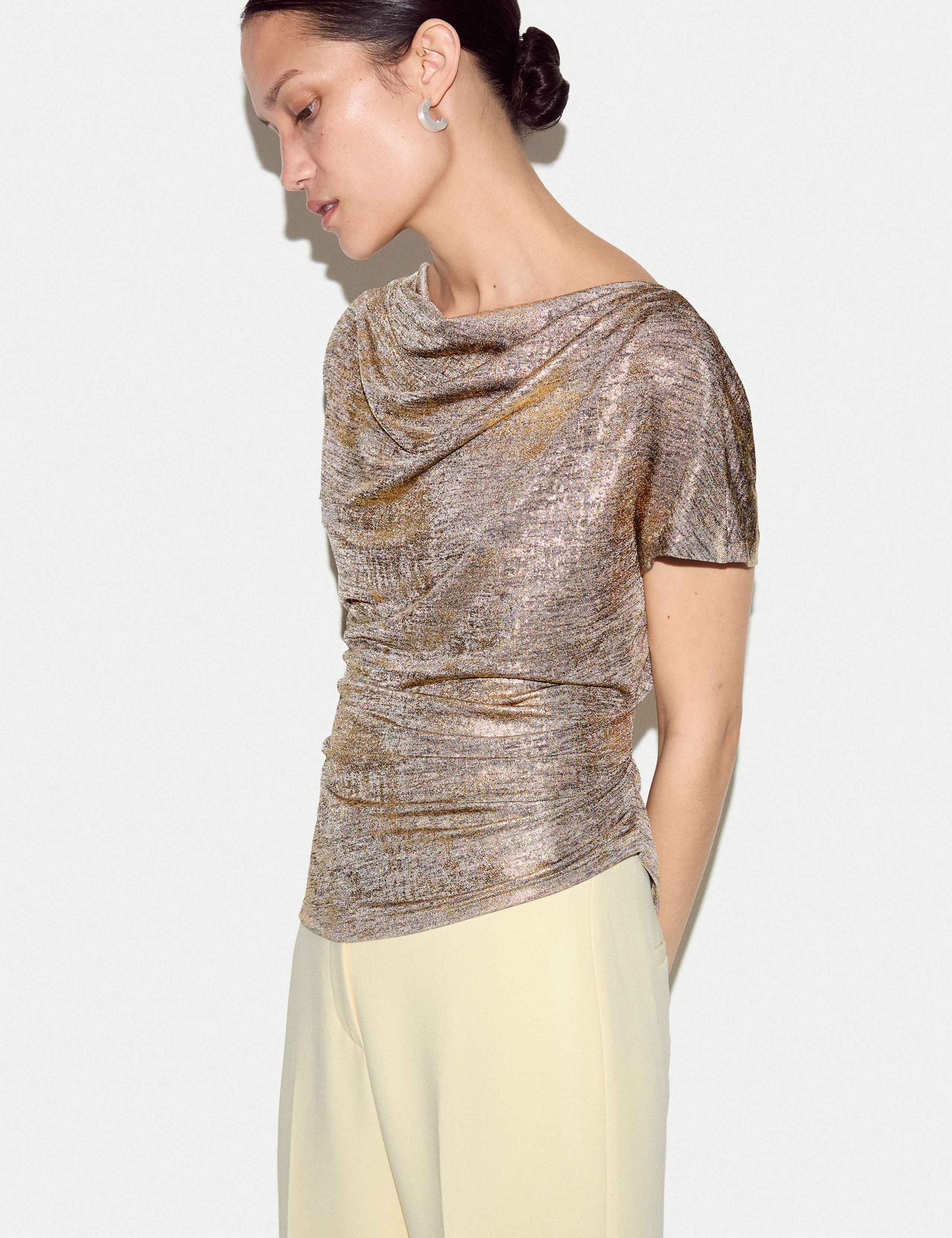 Jersey Sparkly Cowl Neck Gathered Top 3 of 5