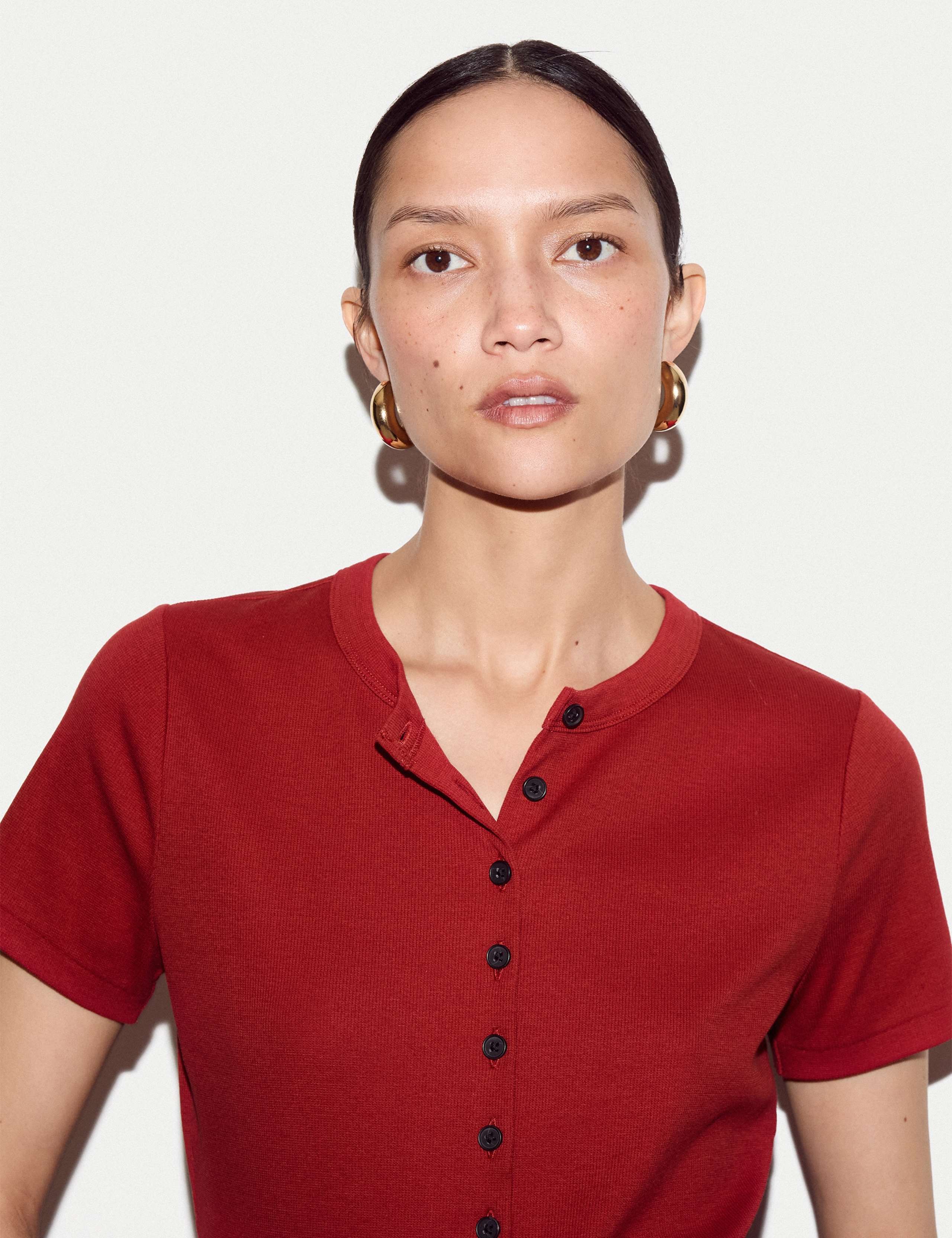 Cotton Rich Ribbed Button Through T-Shirt 4 of 4