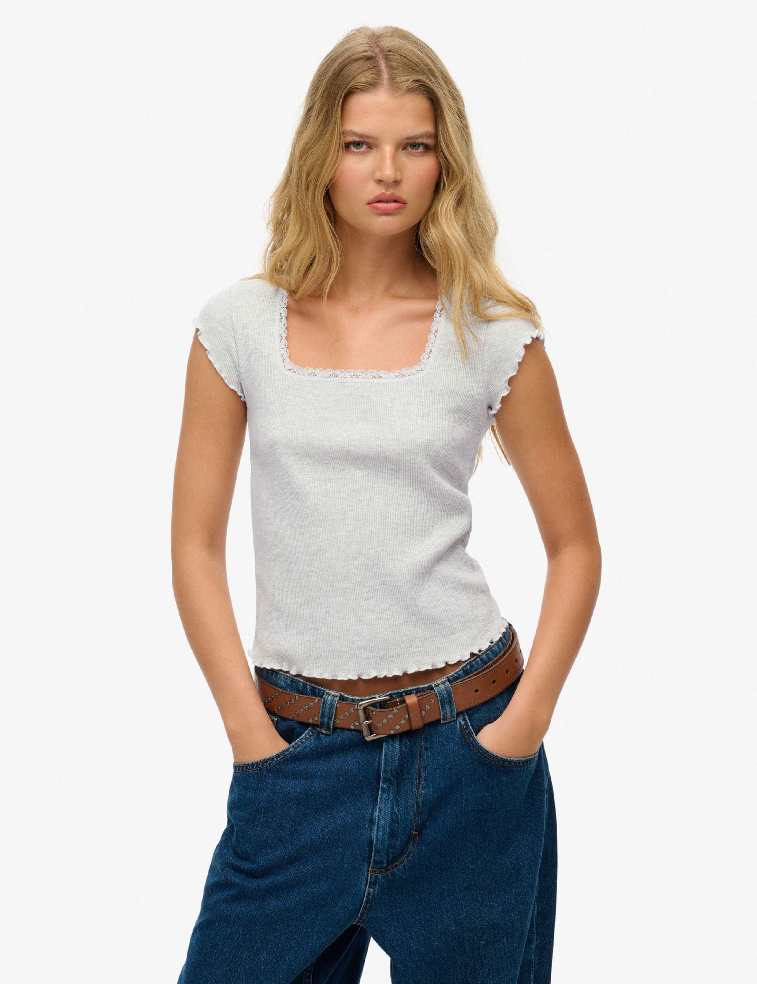 Pure Cotton Ribbed Square Neck T-Shirt 1 of 3