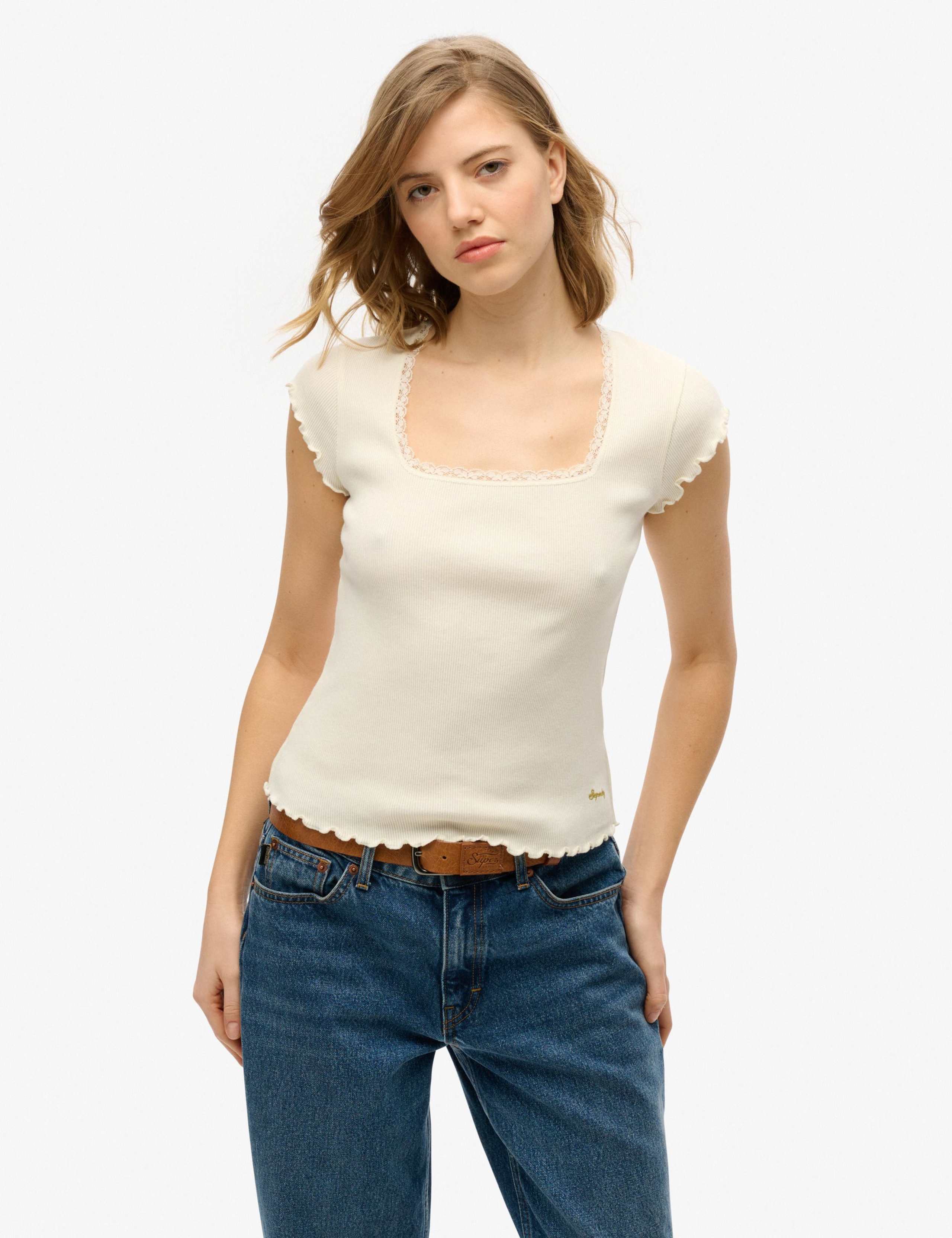 Pure Cotton Ribbed Square Neck T-Shirt 1 of 3