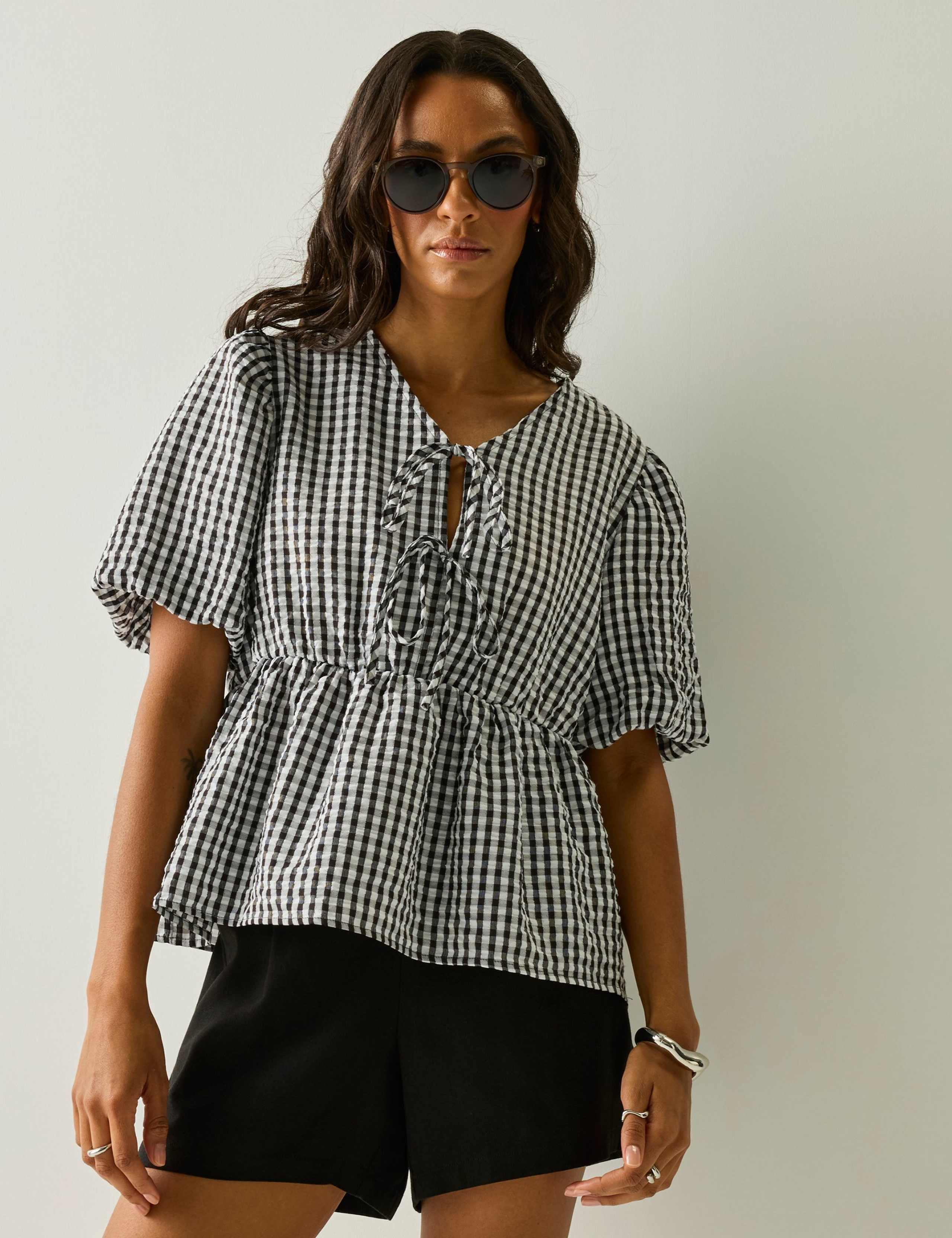 Amor Checked V-Neck Puff Sleeve Peplum Top 1 of 6