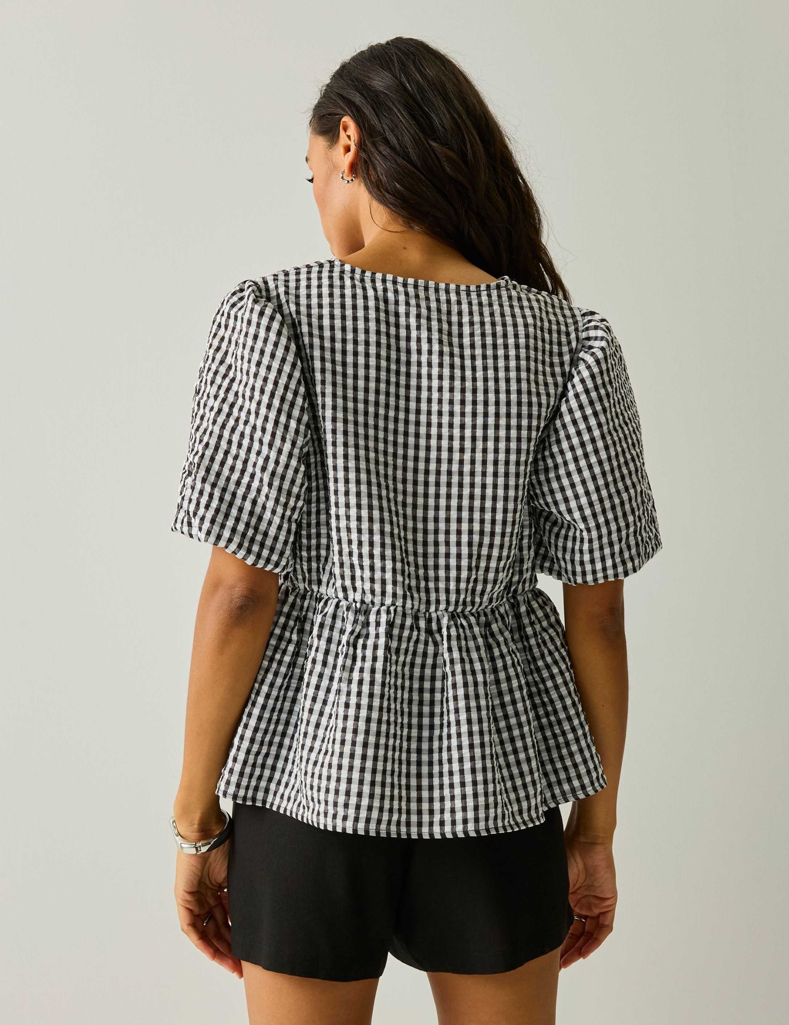 Amor Checked V-Neck Puff Sleeve Peplum Top 3 of 6