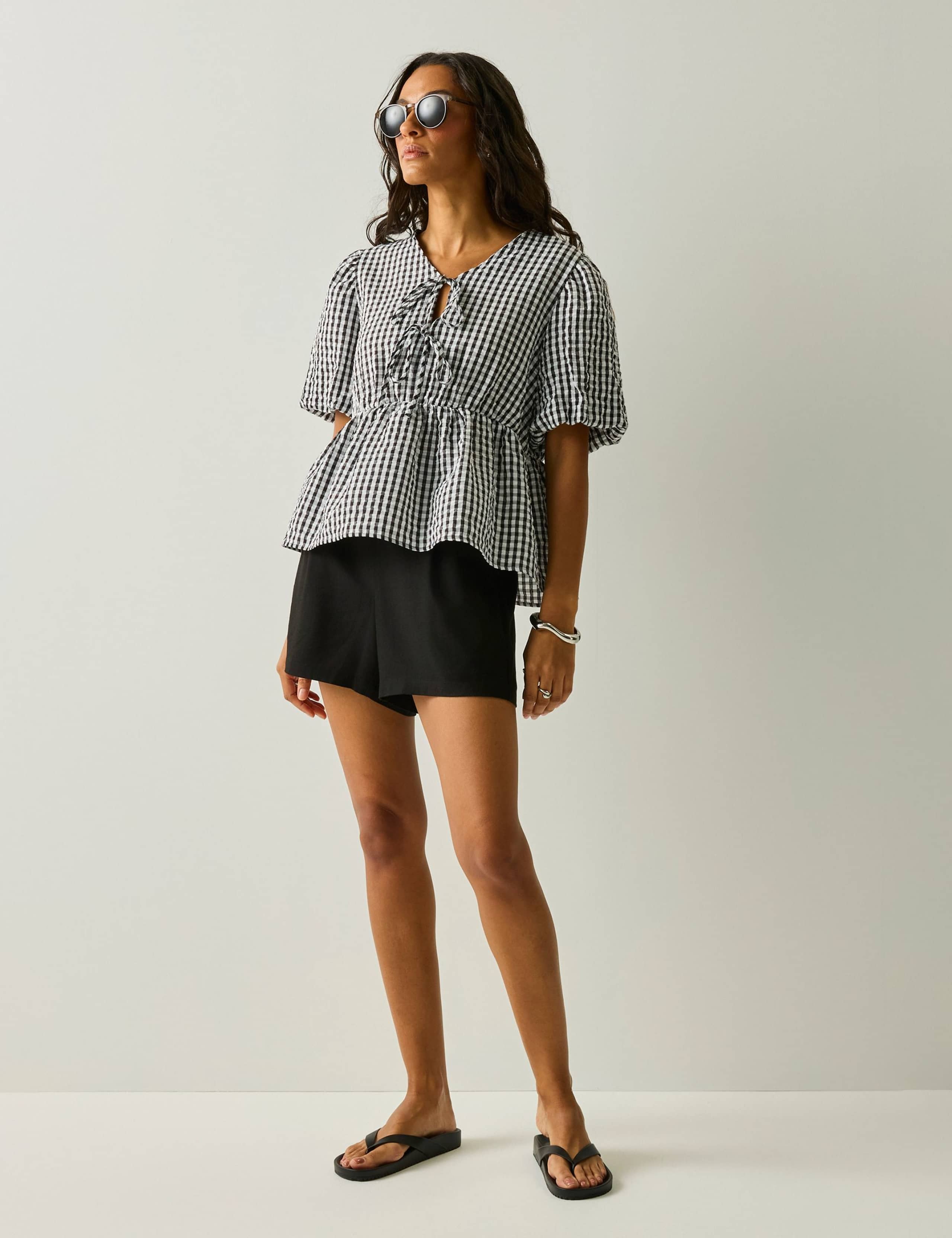 Amor Checked V-Neck Puff Sleeve Peplum Top 5 of 6
