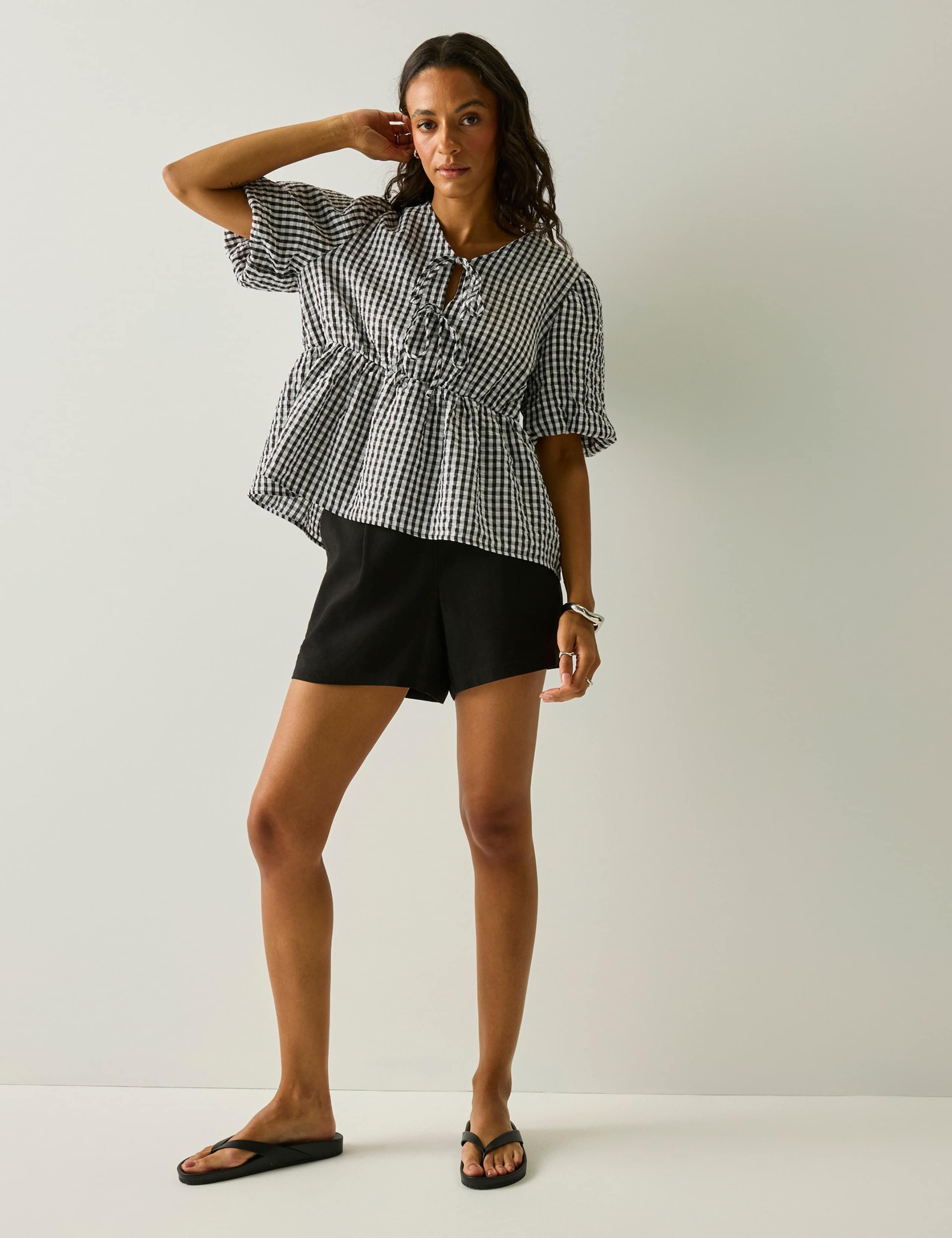 Amor Checked V-Neck Puff Sleeve Peplum Top 6 of 6