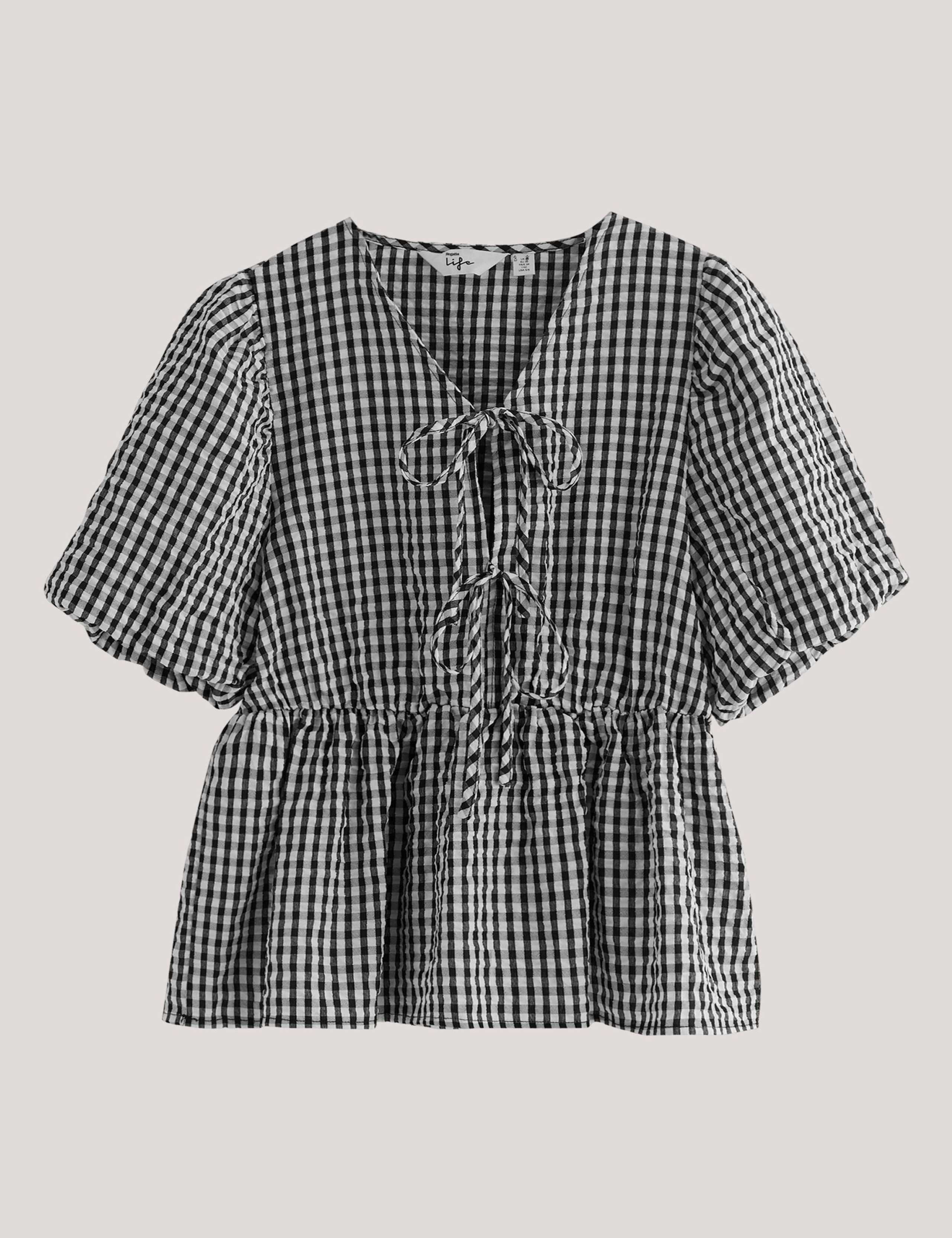 Amor Checked V-Neck Puff Sleeve Peplum Top 2 of 6