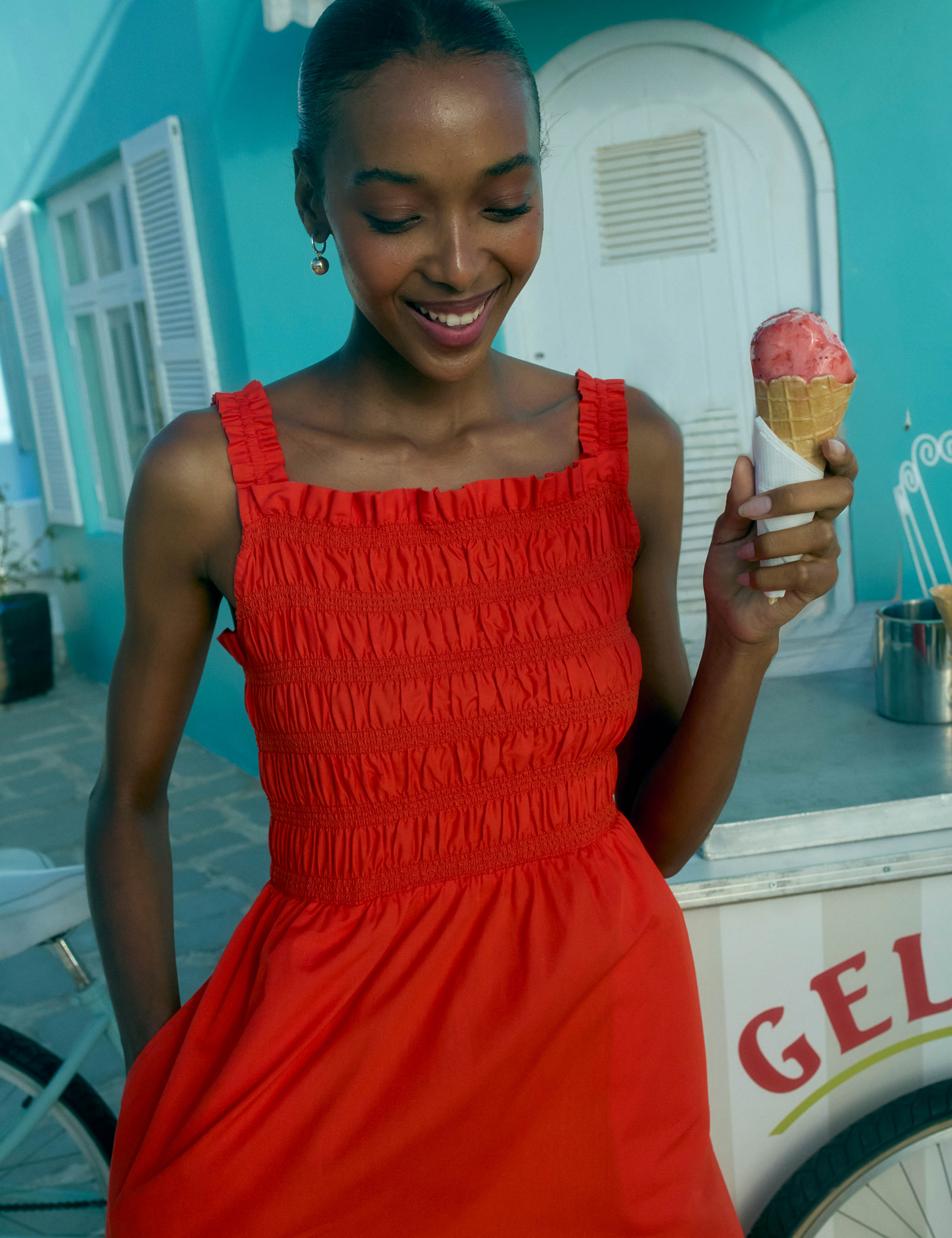 Pure Cotton Square Neck Shirred Midi Dress 3 of 8