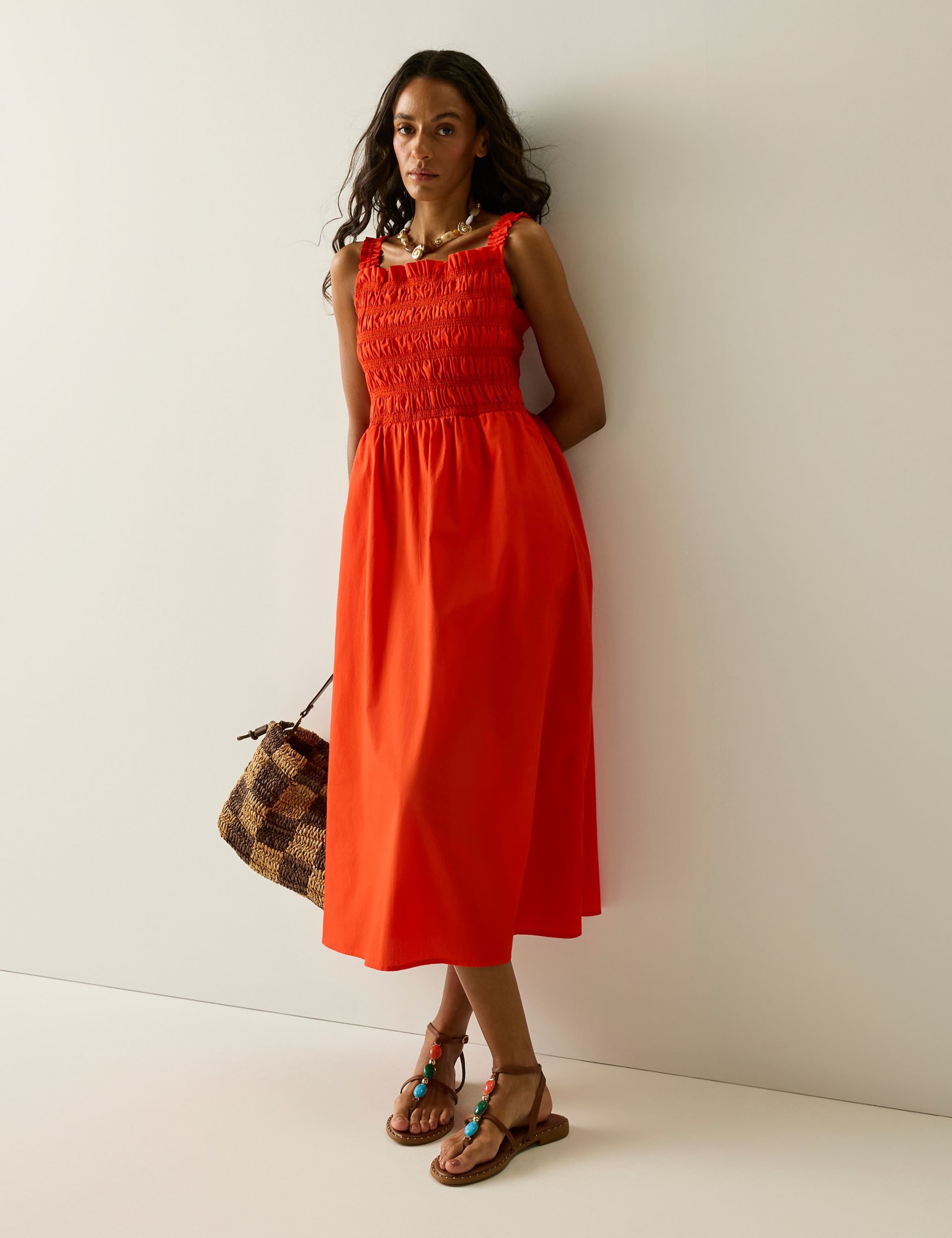 Pure Cotton Square Neck Shirred Midi Dress 4 of 8