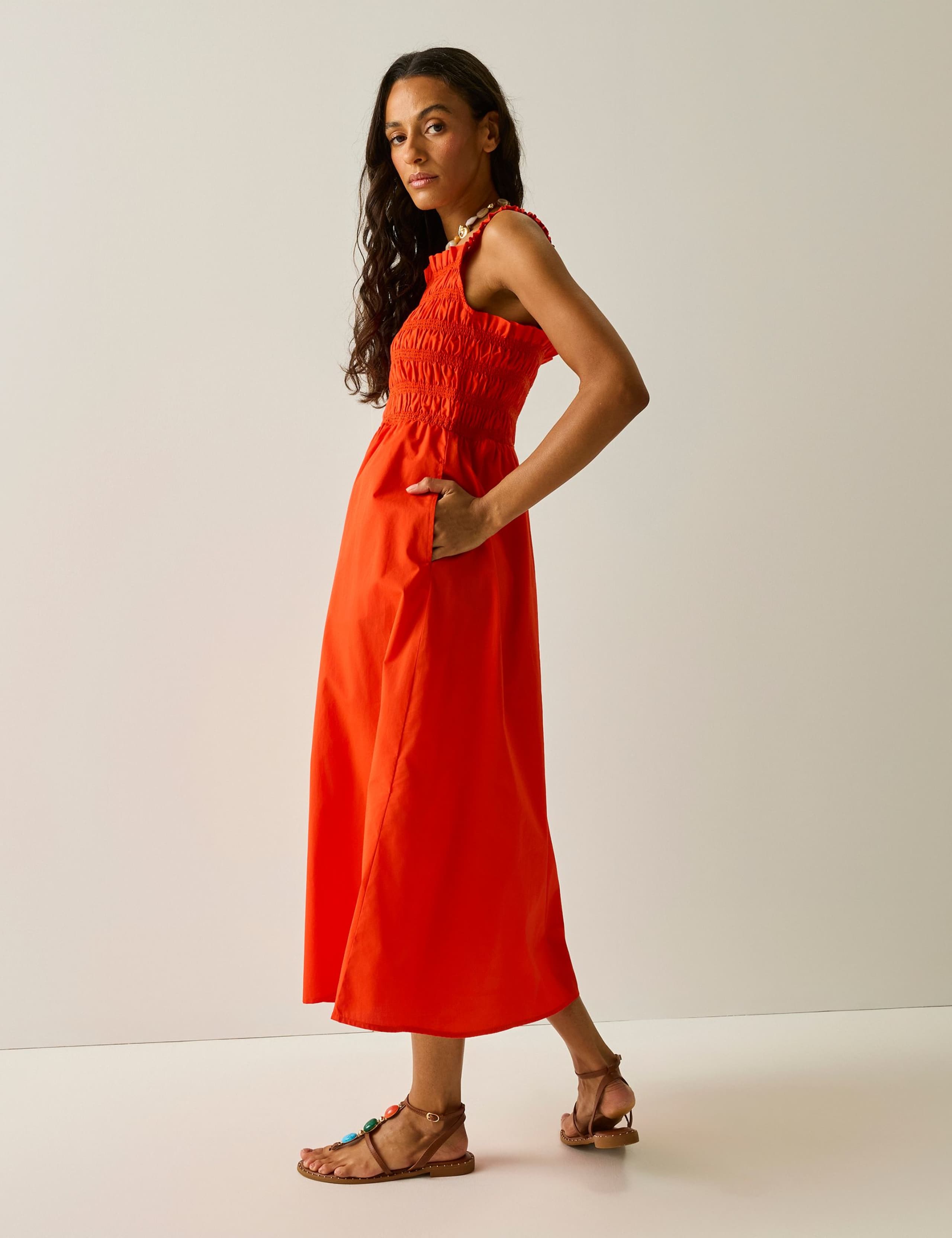 Pure Cotton Square Neck Shirred Midi Dress 5 of 8