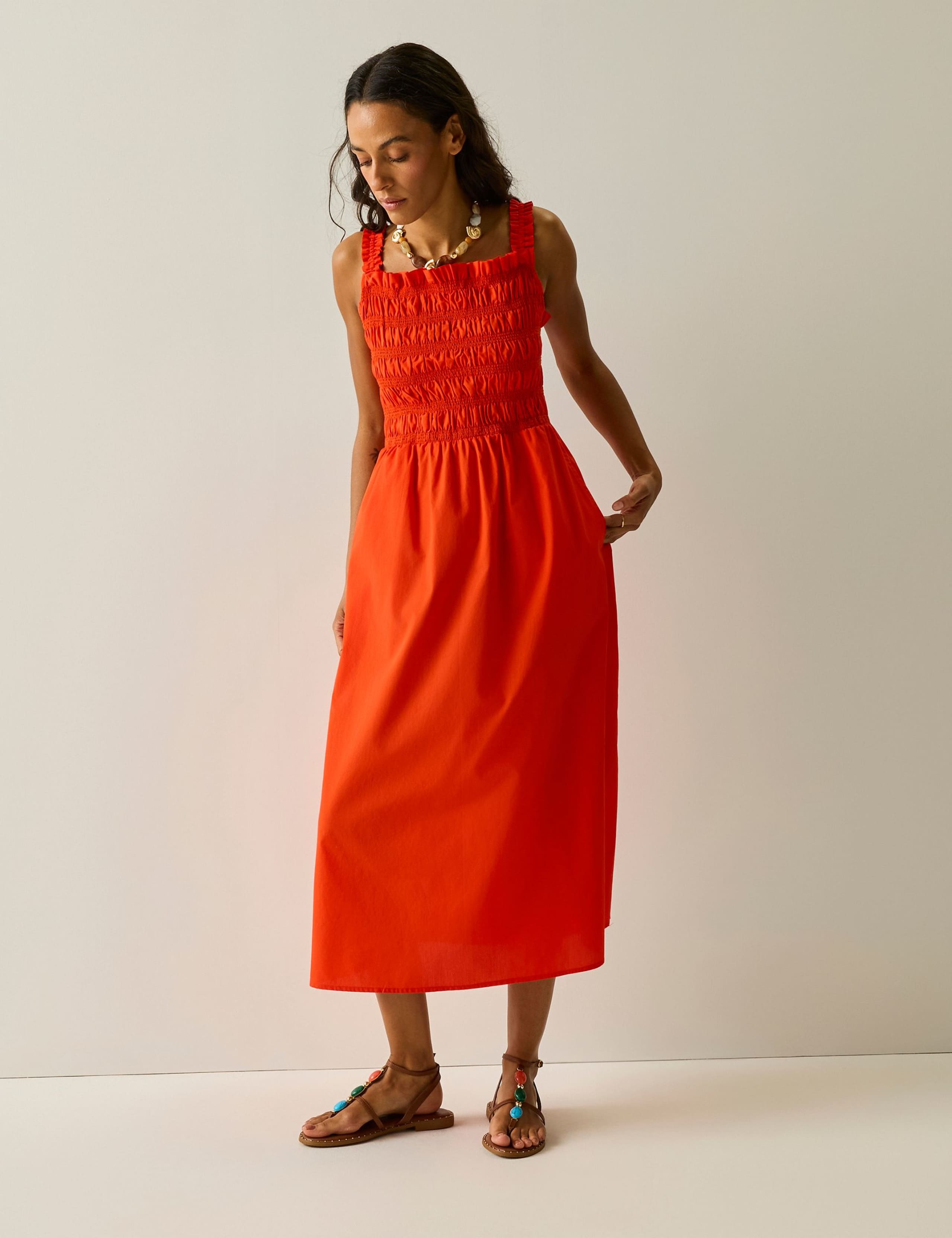 Pure Cotton Square Neck Shirred Midi Dress 6 of 8