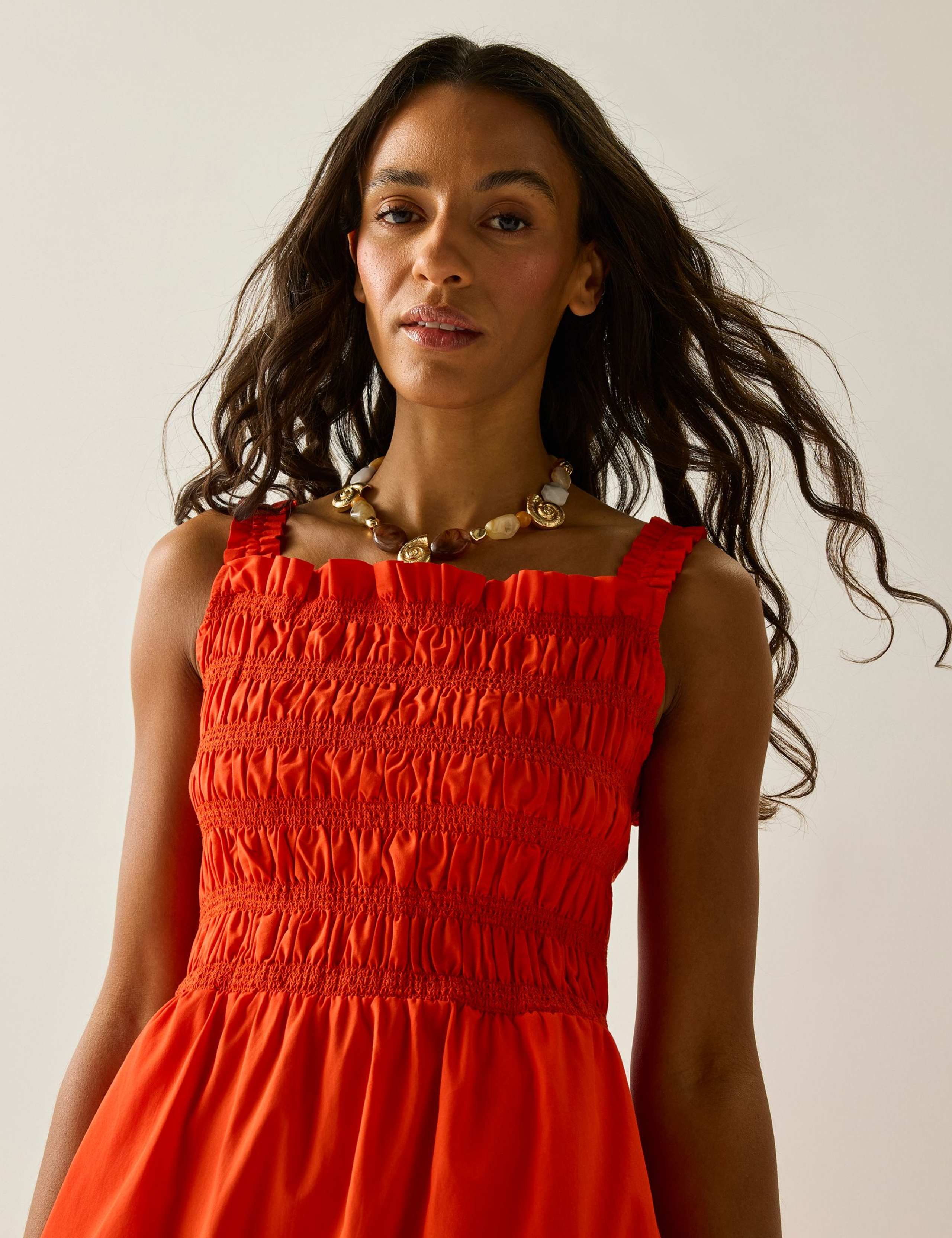 Pure Cotton Square Neck Shirred Midi Dress 7 of 8