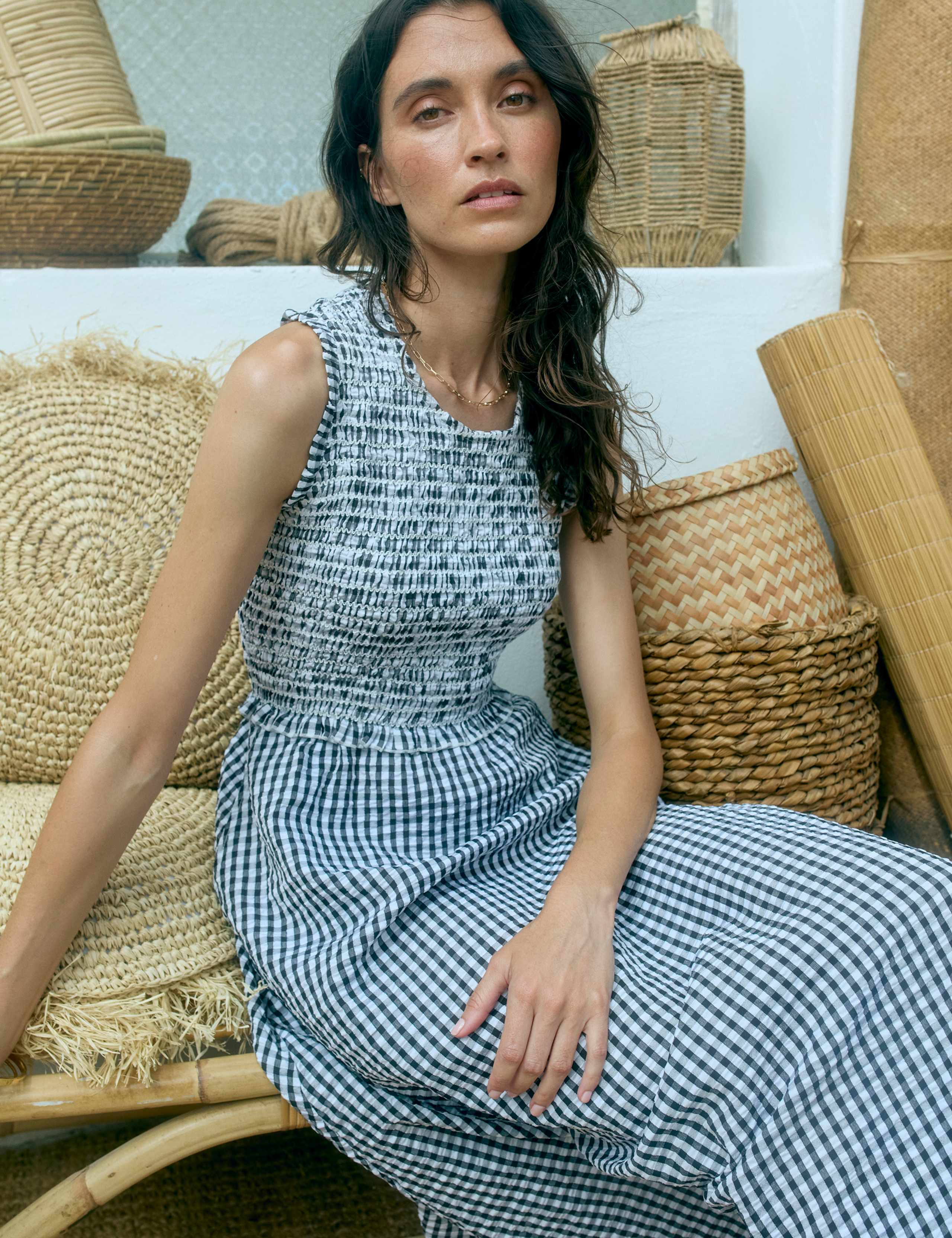 Poloma Gingham Midi Shirred Dress 1 of 7