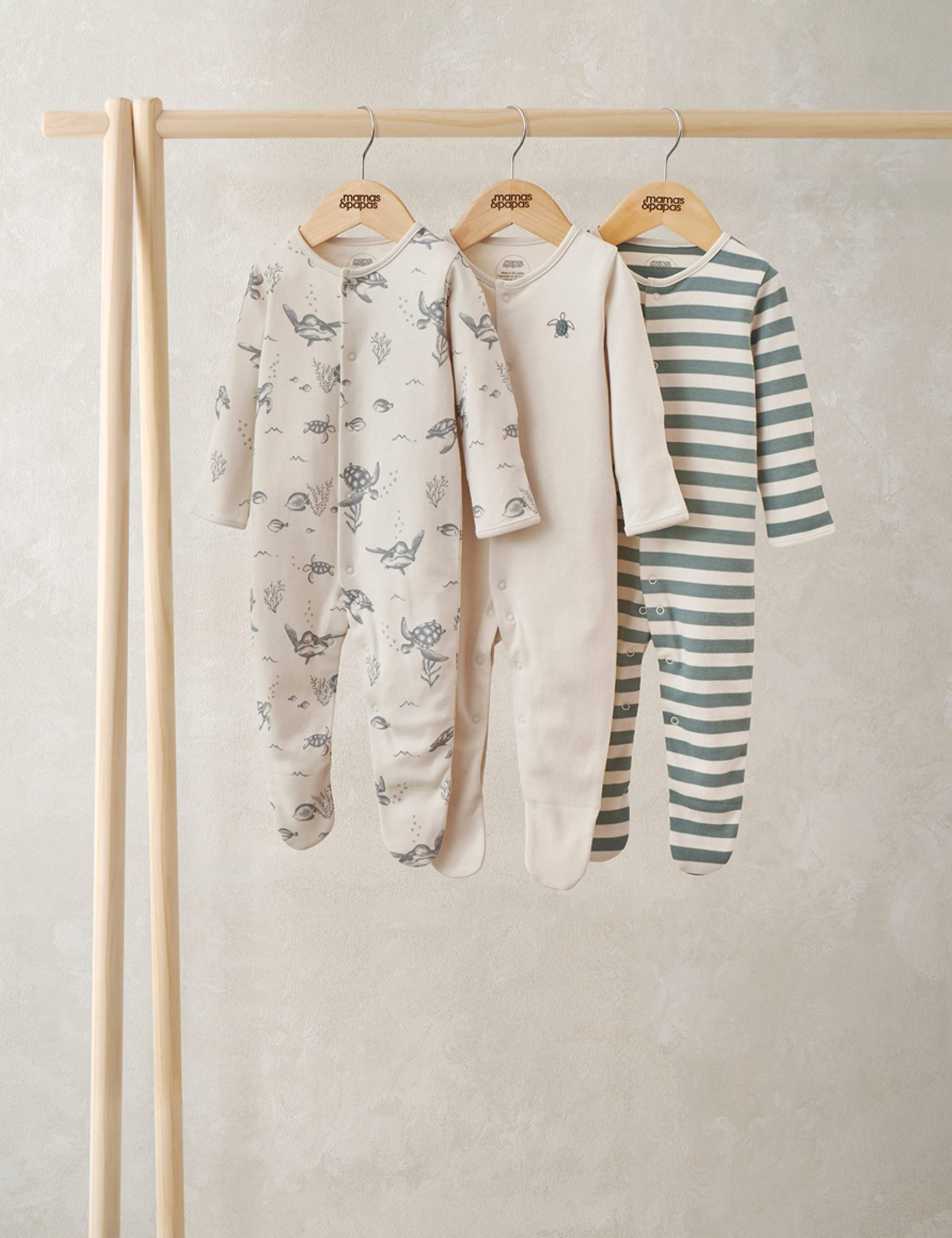 3 Pack Pure Cotton Turtle Sleepsuits (0-24 Months) 1 of 2