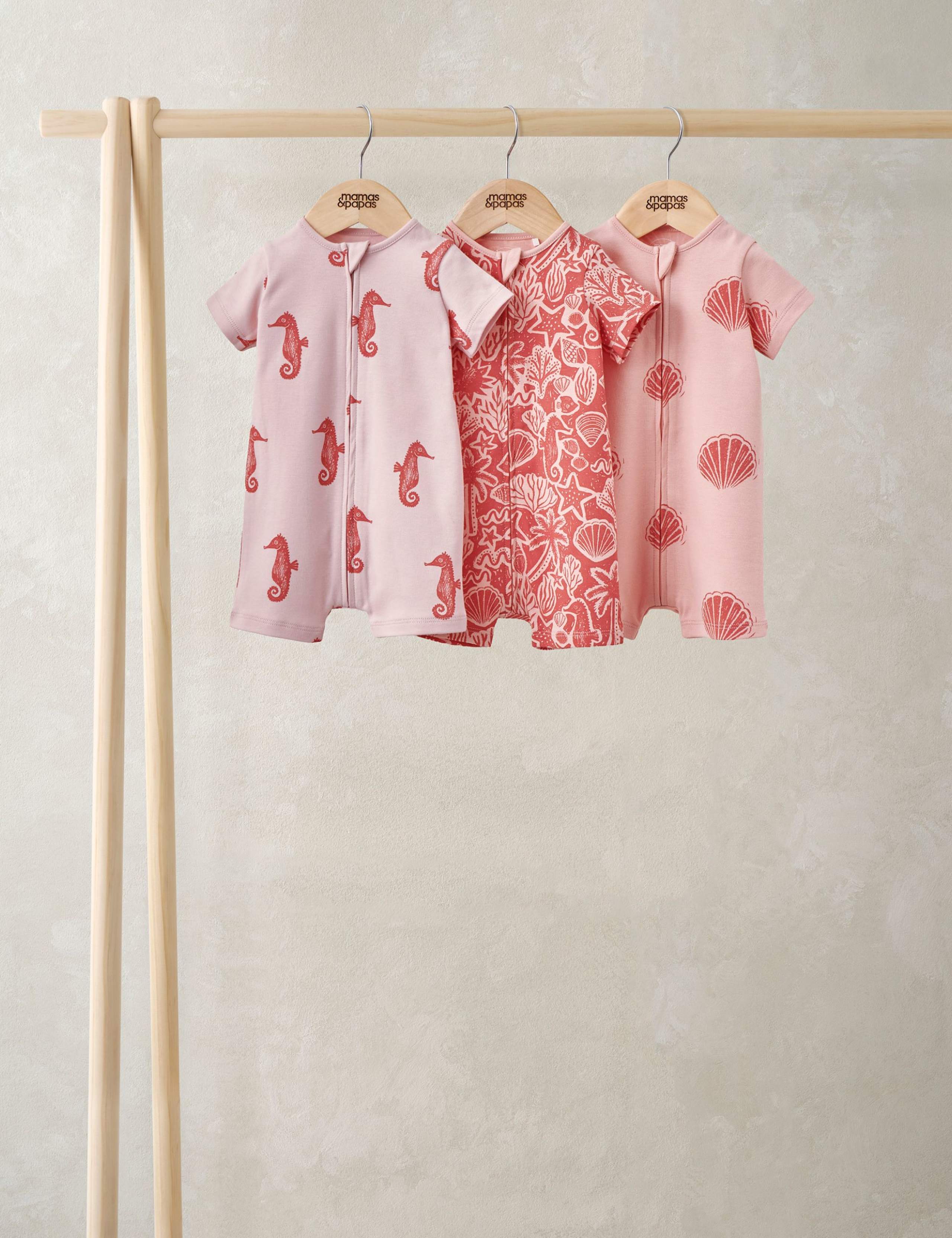 3 Pack Pure Cotton Seahorse Zip Rompers (0-18 Months) 1 of 2
