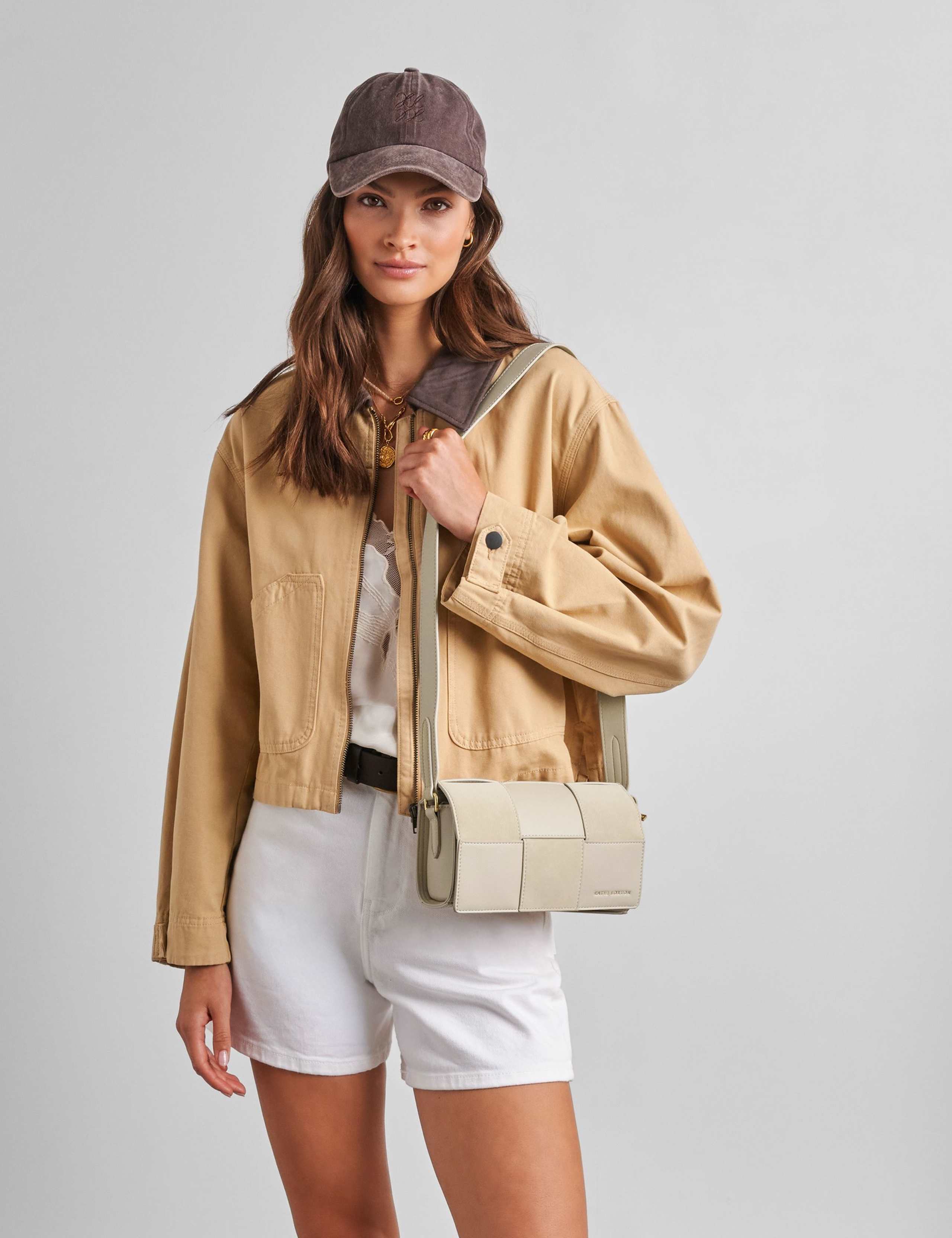 Faux Suede Woven Panel Cross Body Bag 1 of 6