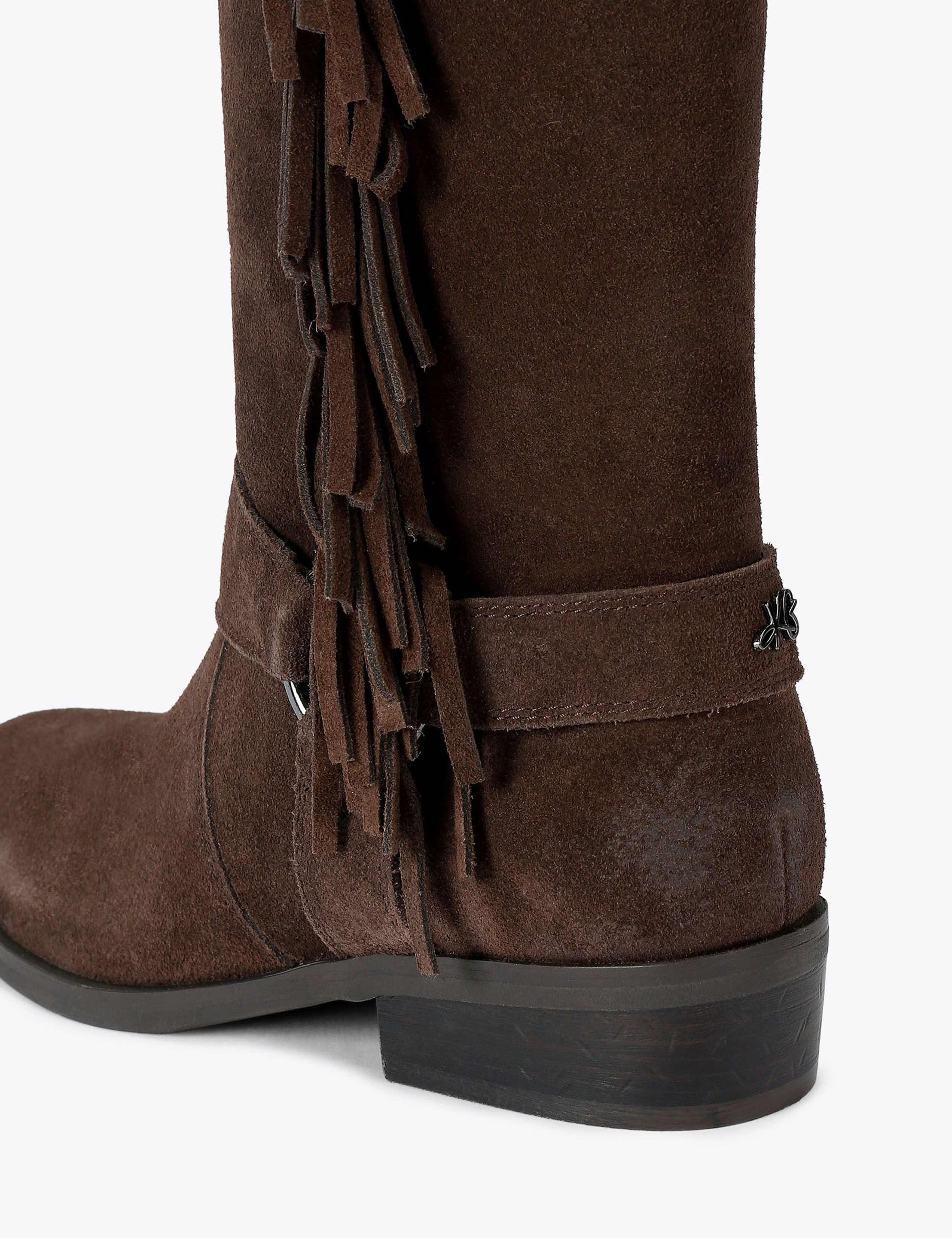 Suede Cowboy Fringe Detail Mid Calf Boots 2 of 3