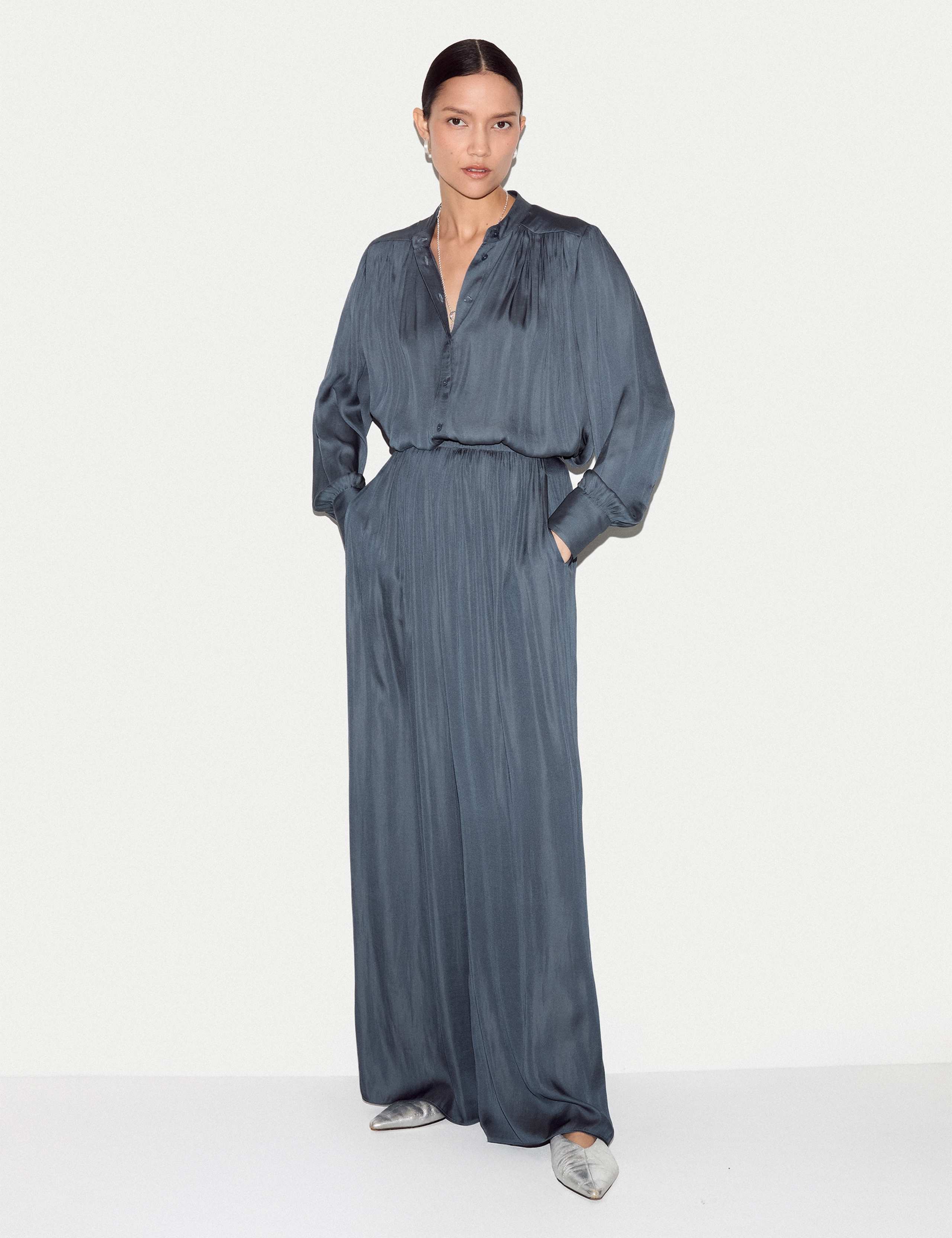Satin Pleated Collarless Blouse 3 of 6