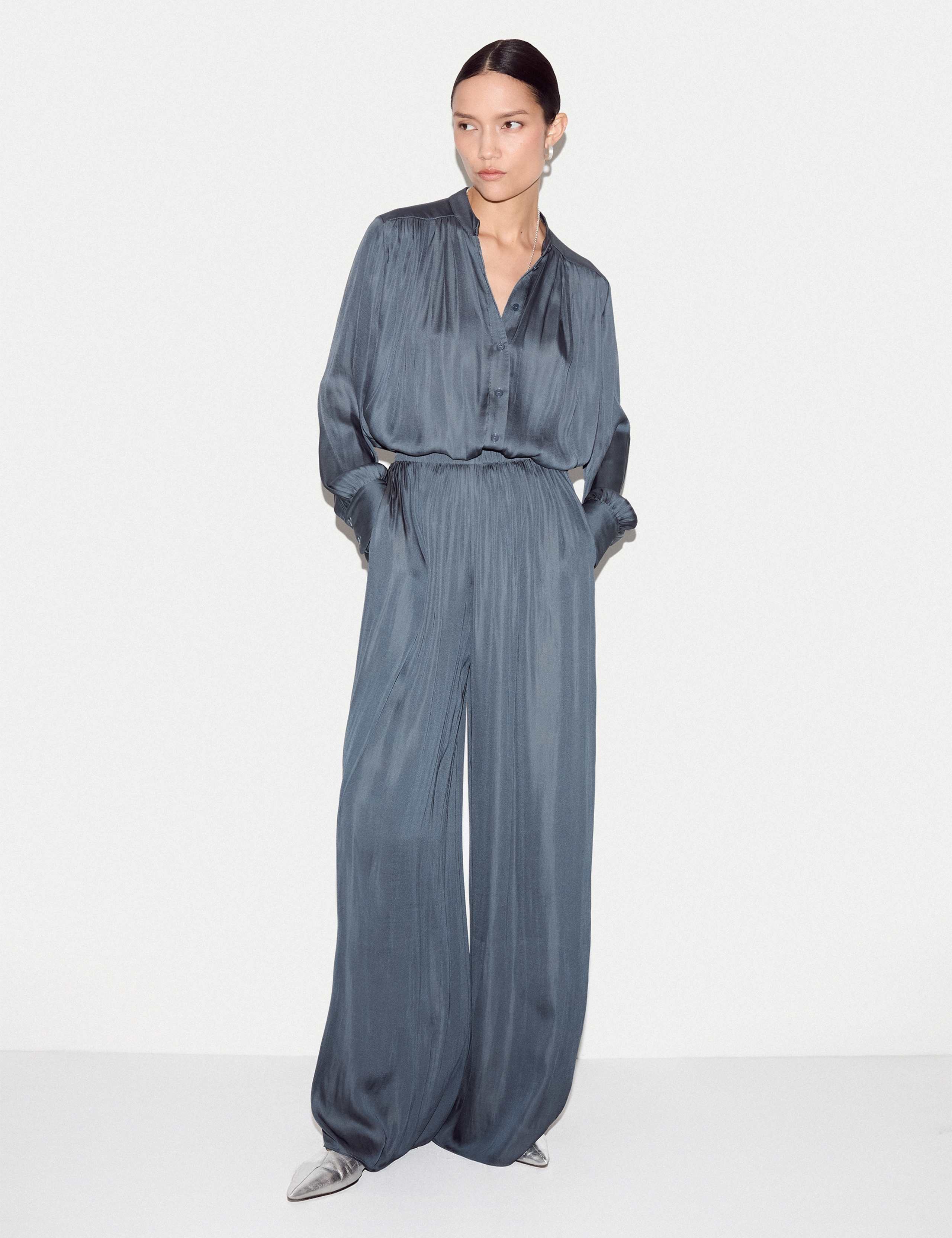 Satin Pleated Collarless Blouse 4 of 6