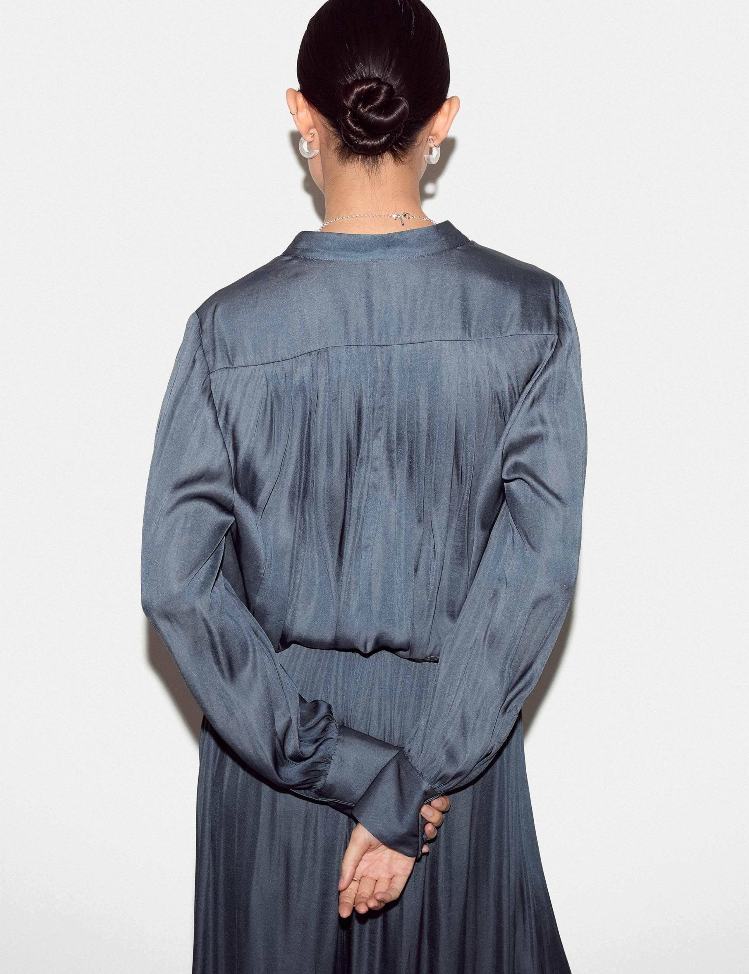 Satin Pleated Collarless Blouse 6 of 6