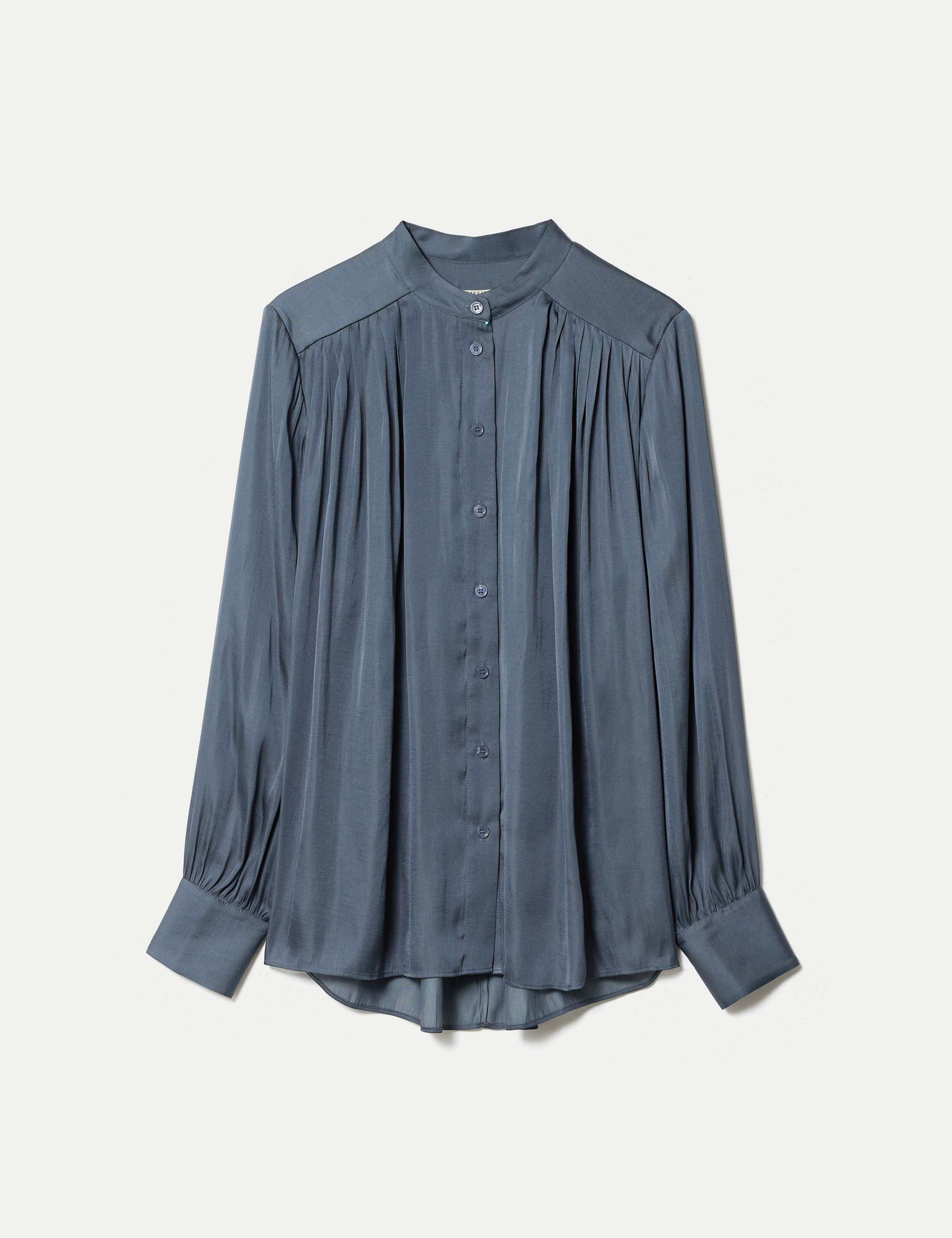 Satin Pleated Collarless Blouse 2 of 6