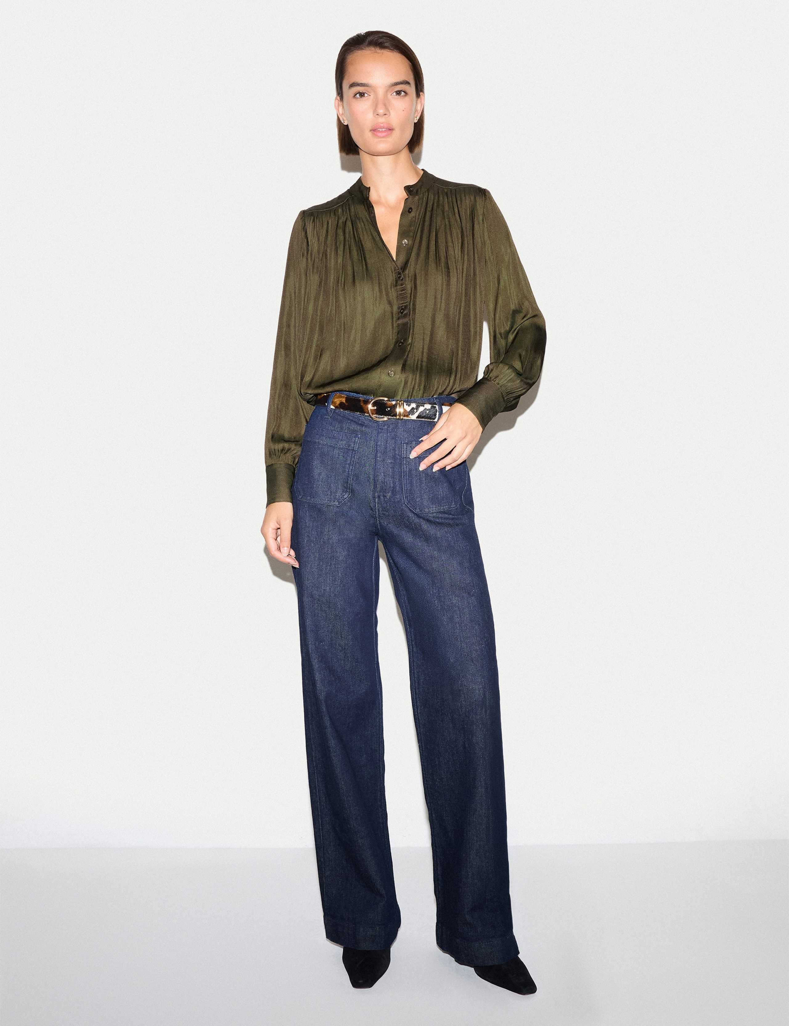 Satin Pleated Collarless Blouse 3 of 6