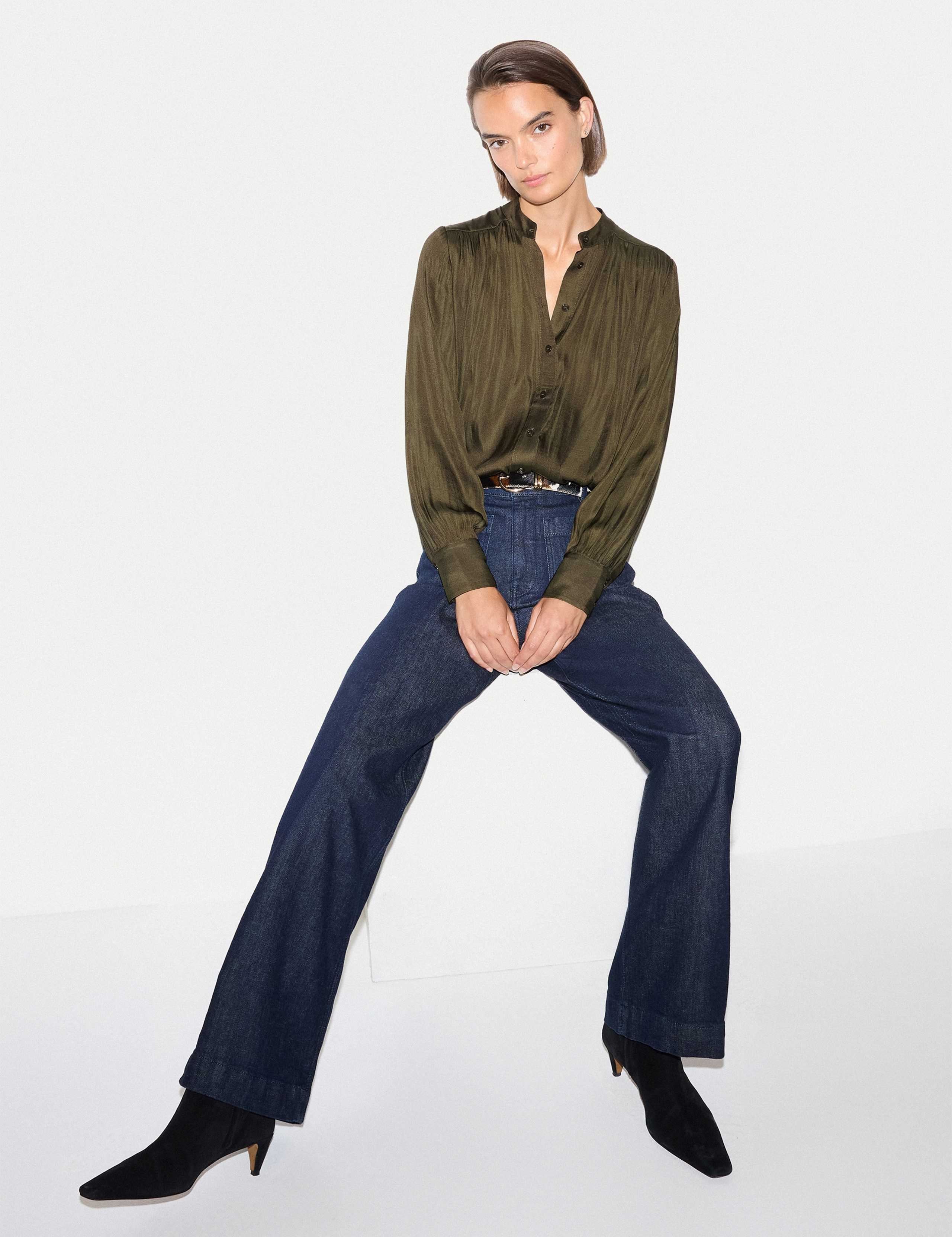 Satin Pleated Collarless Blouse 4 of 6