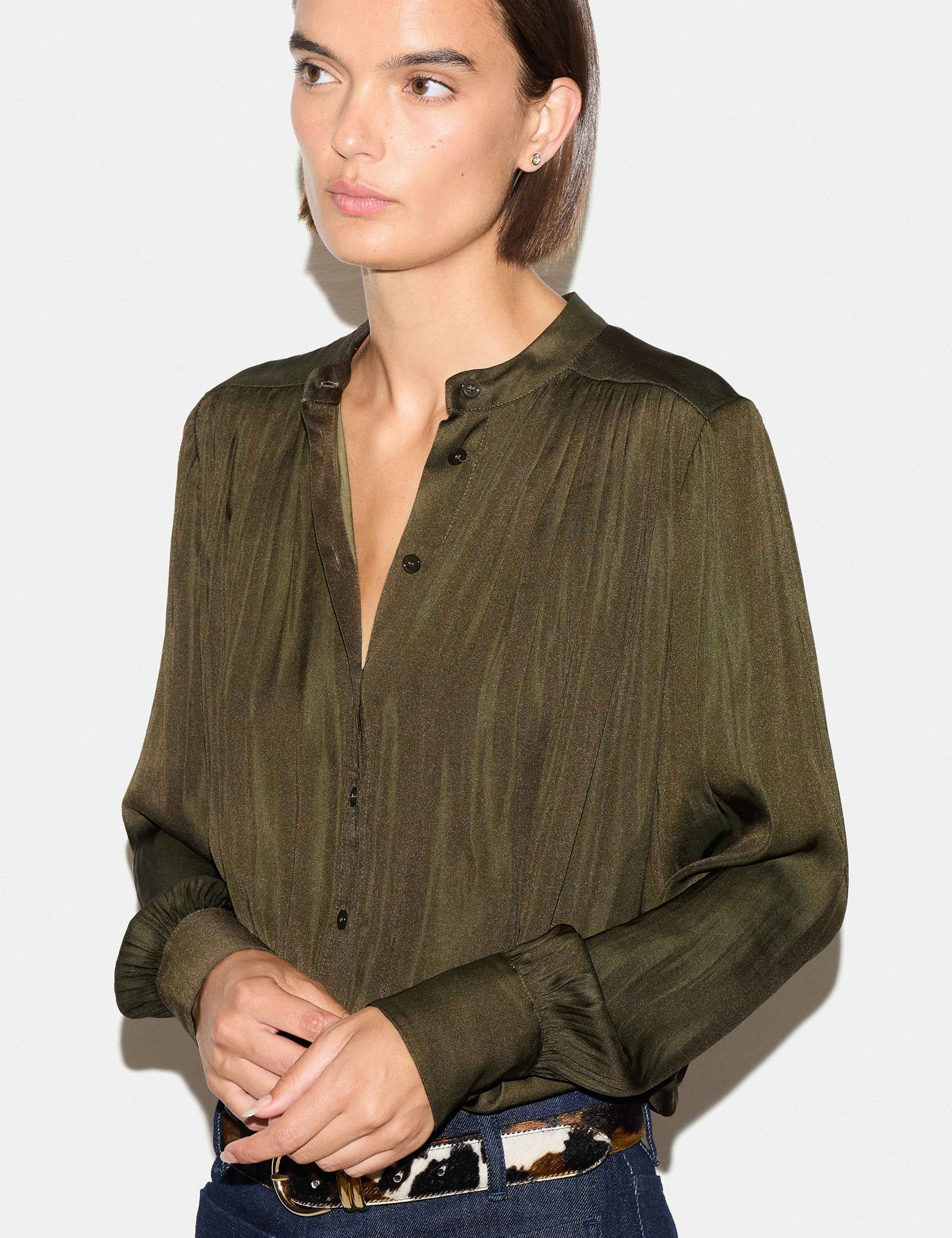Satin Pleated Collarless Blouse 5 of 6