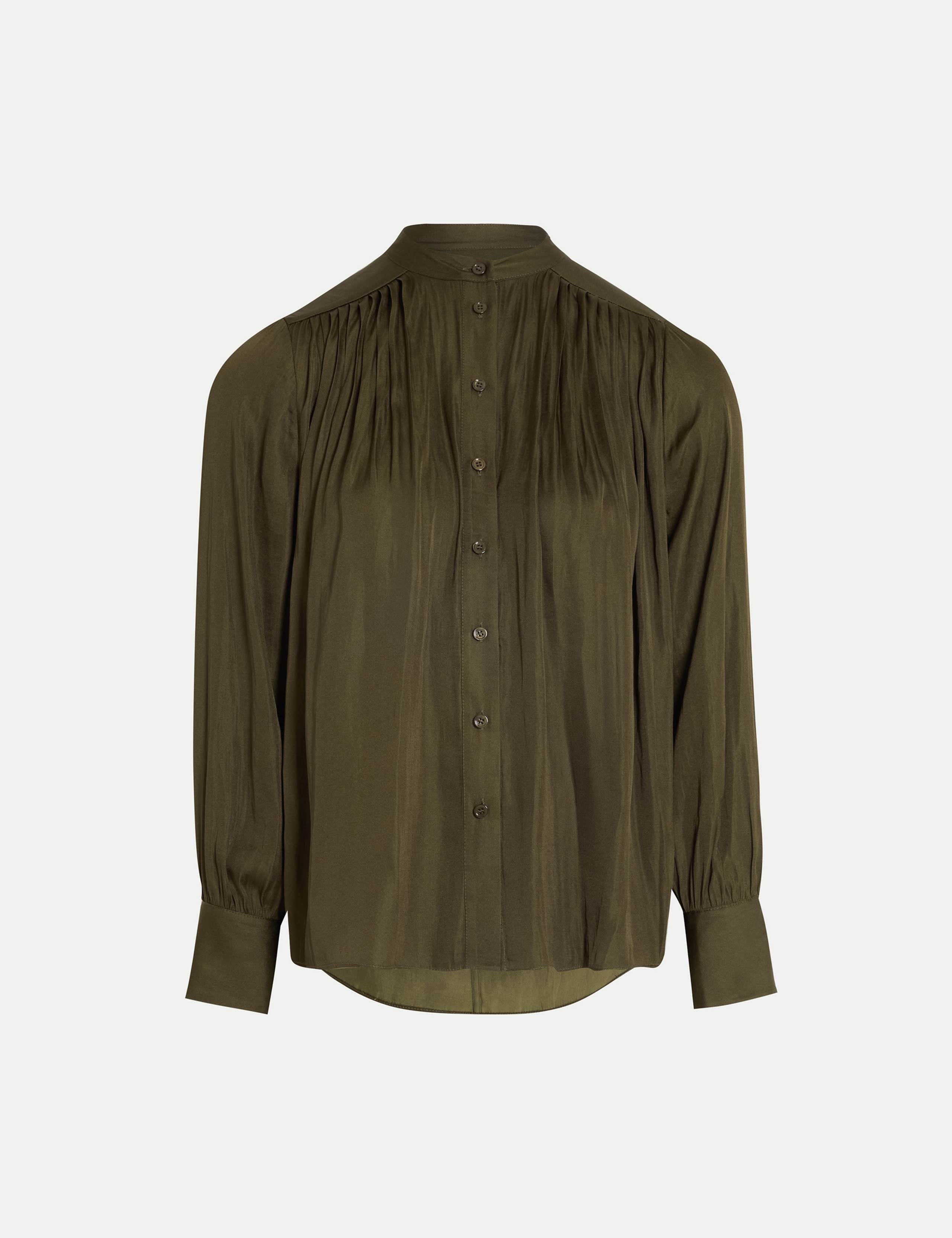 Satin Pleated Collarless Blouse 2 of 6