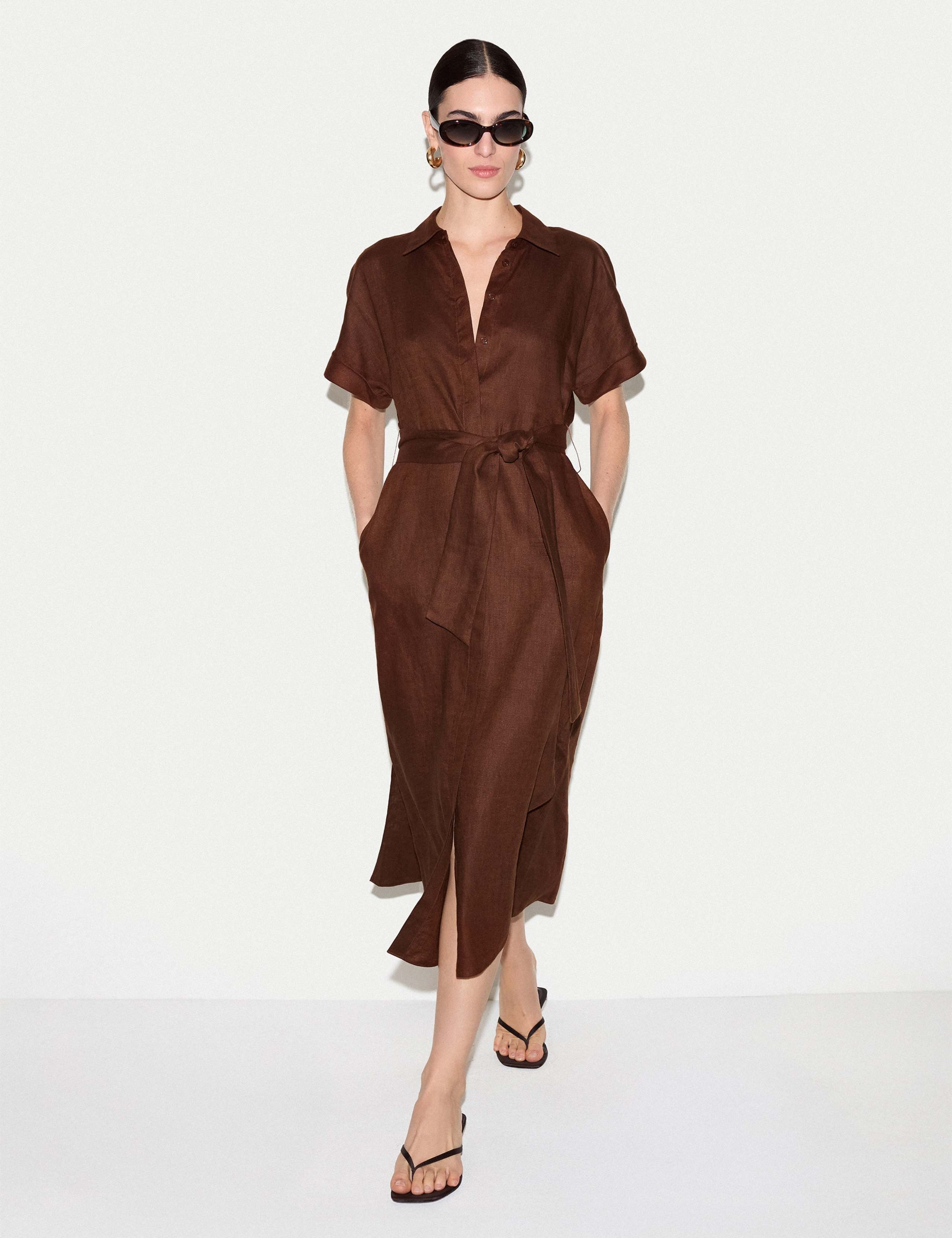 Pure Linen Collared Belted Midi Shirt Dress 3 of 5