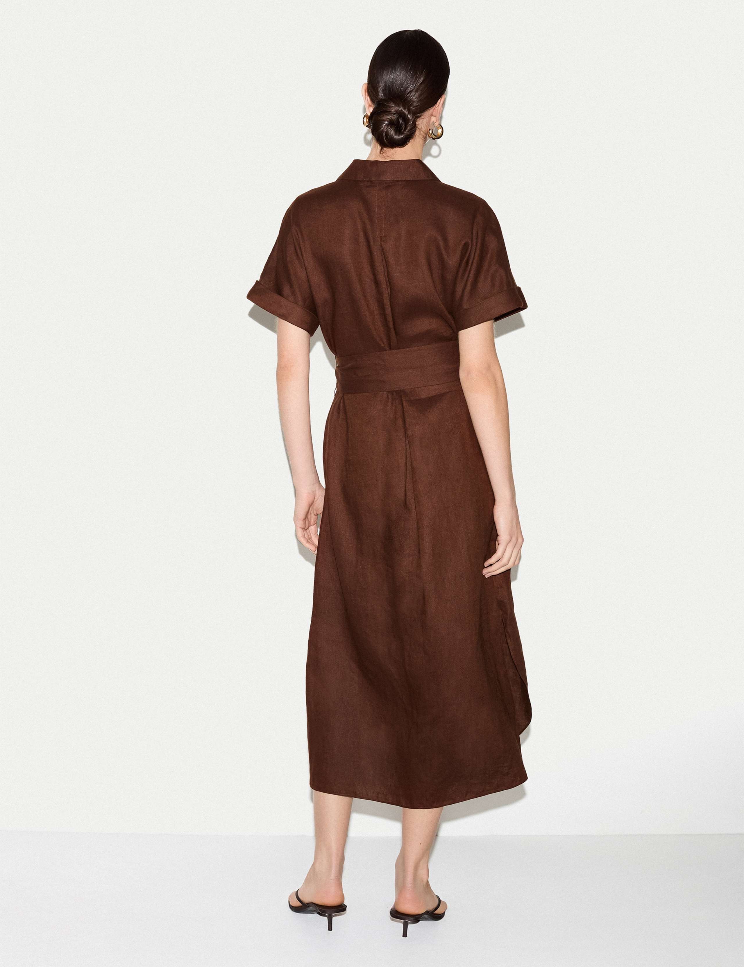 Pure Linen Collared Belted Midi Shirt Dress 4 of 5