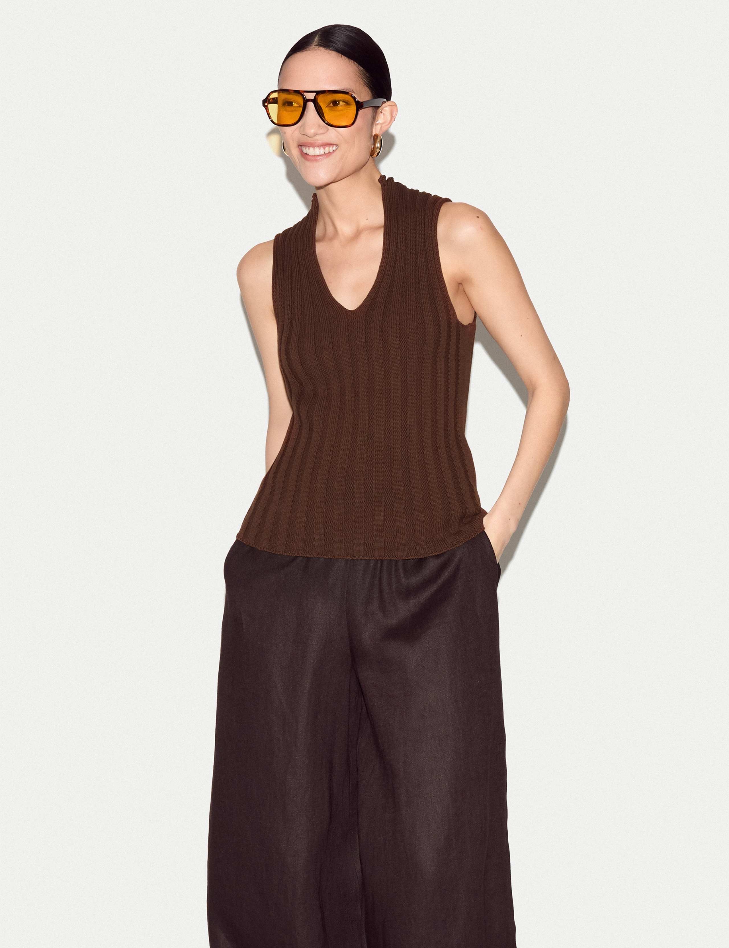 Pure Cotton Ribbed Scoop Neck Knitted Vest 3 of 6