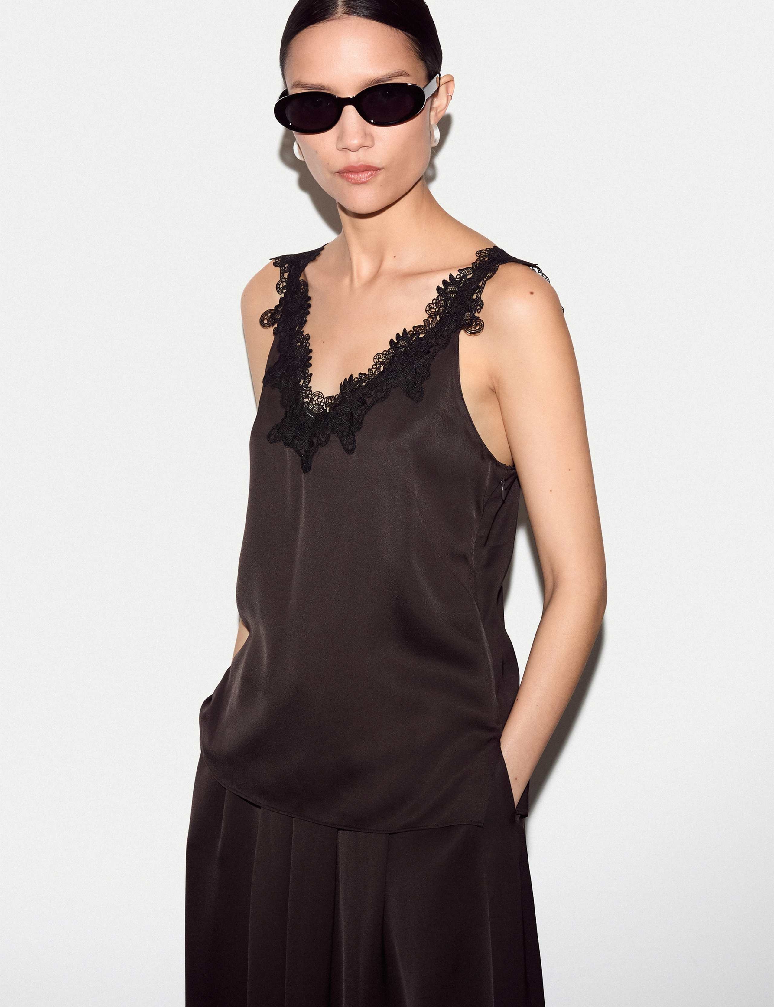 Satin V-Neck Lace Detail Cami Top 1 of 5