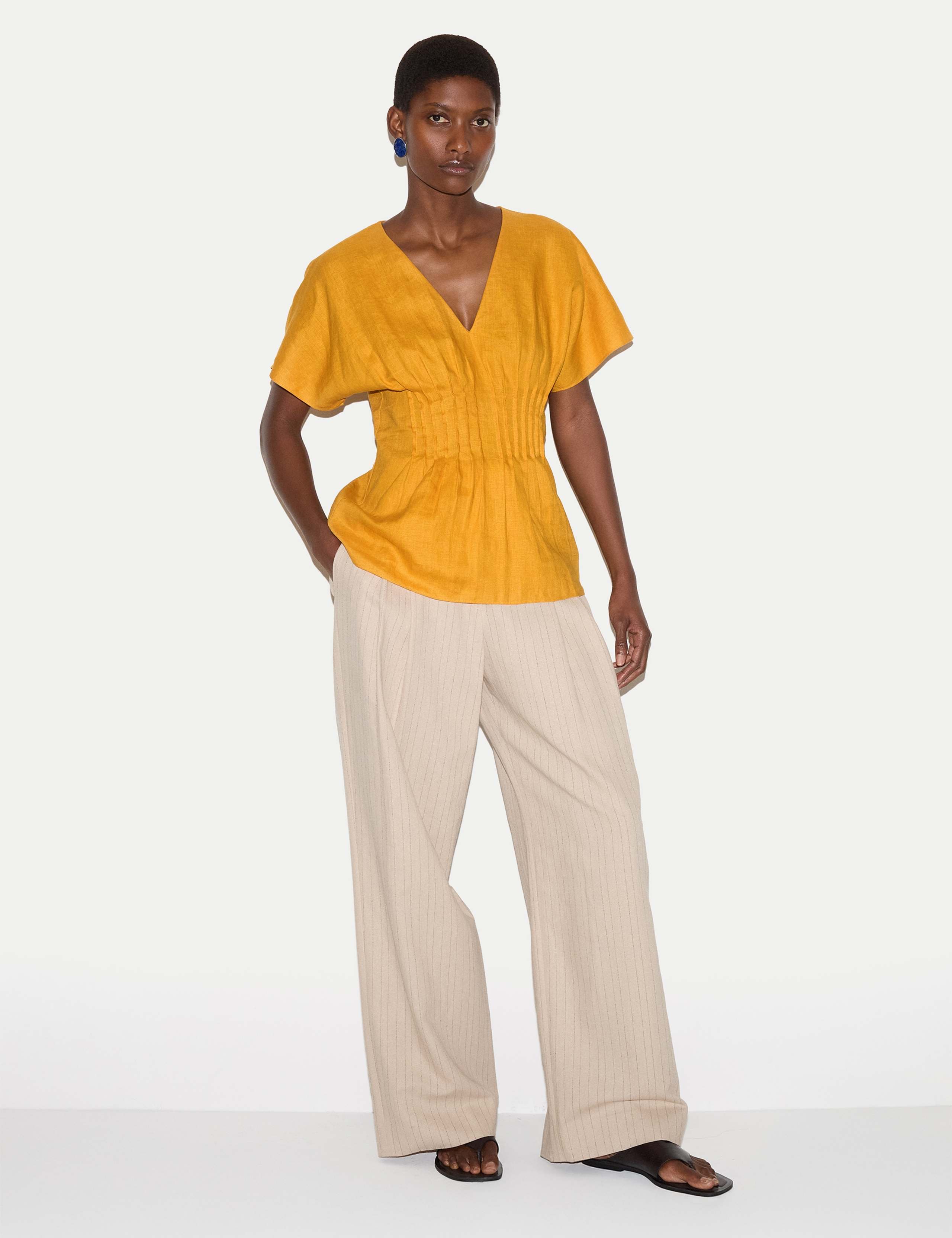 Pure Linen V-Neck Pintuck Waist Top 3 of 5