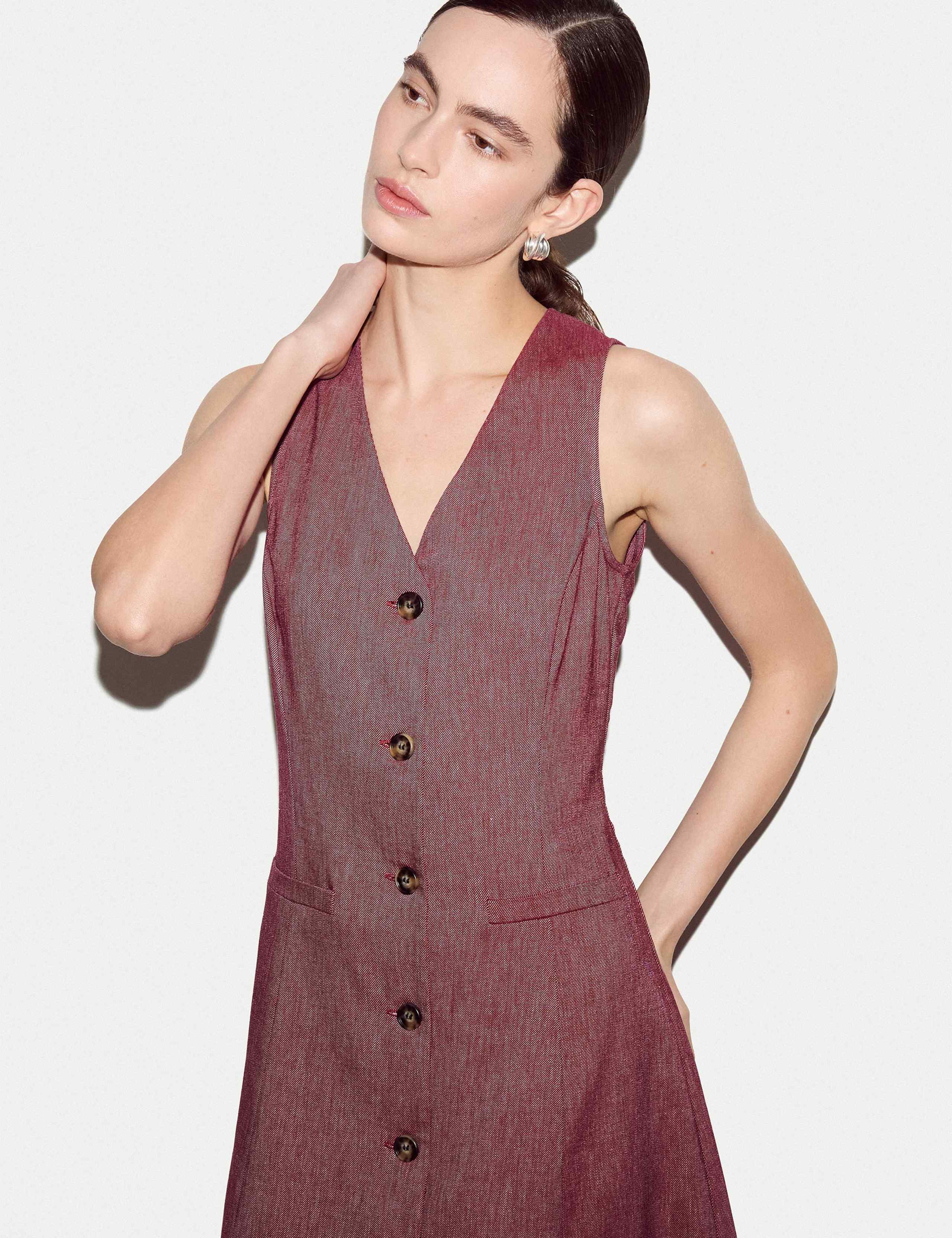 V-Neck Midi Waistcoat Dress with Linen 7 of 7