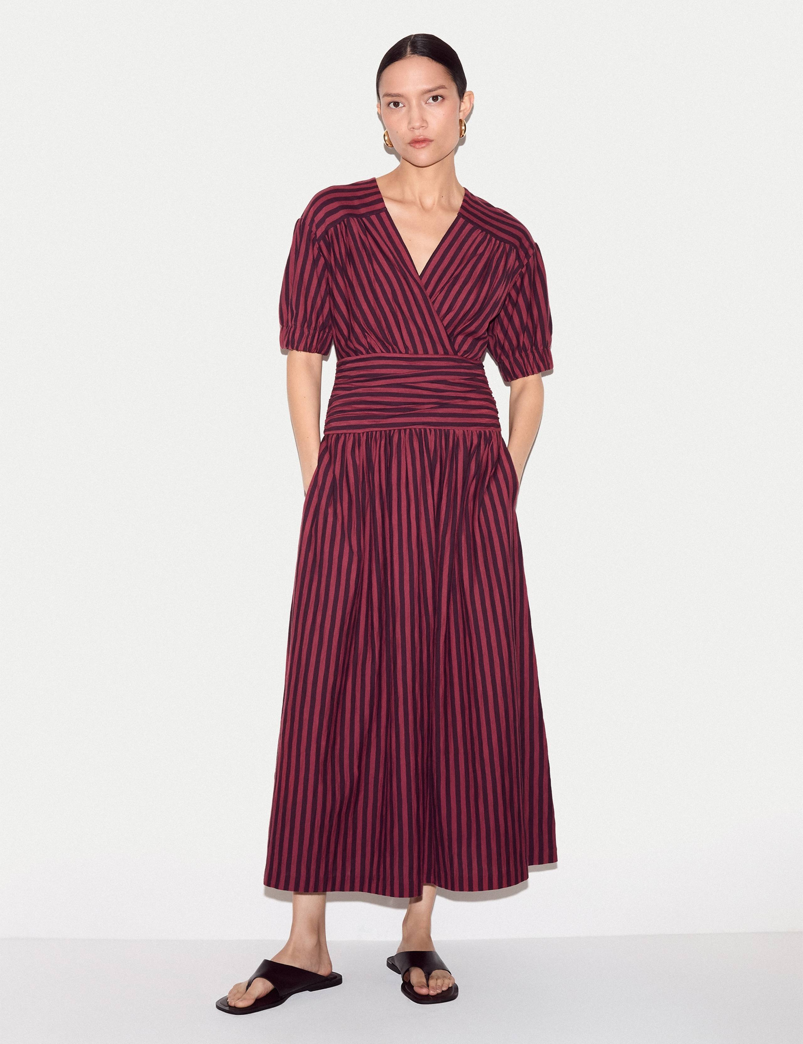 Jersey Striped V-Neck Midi Waisted Dress 1 of 6