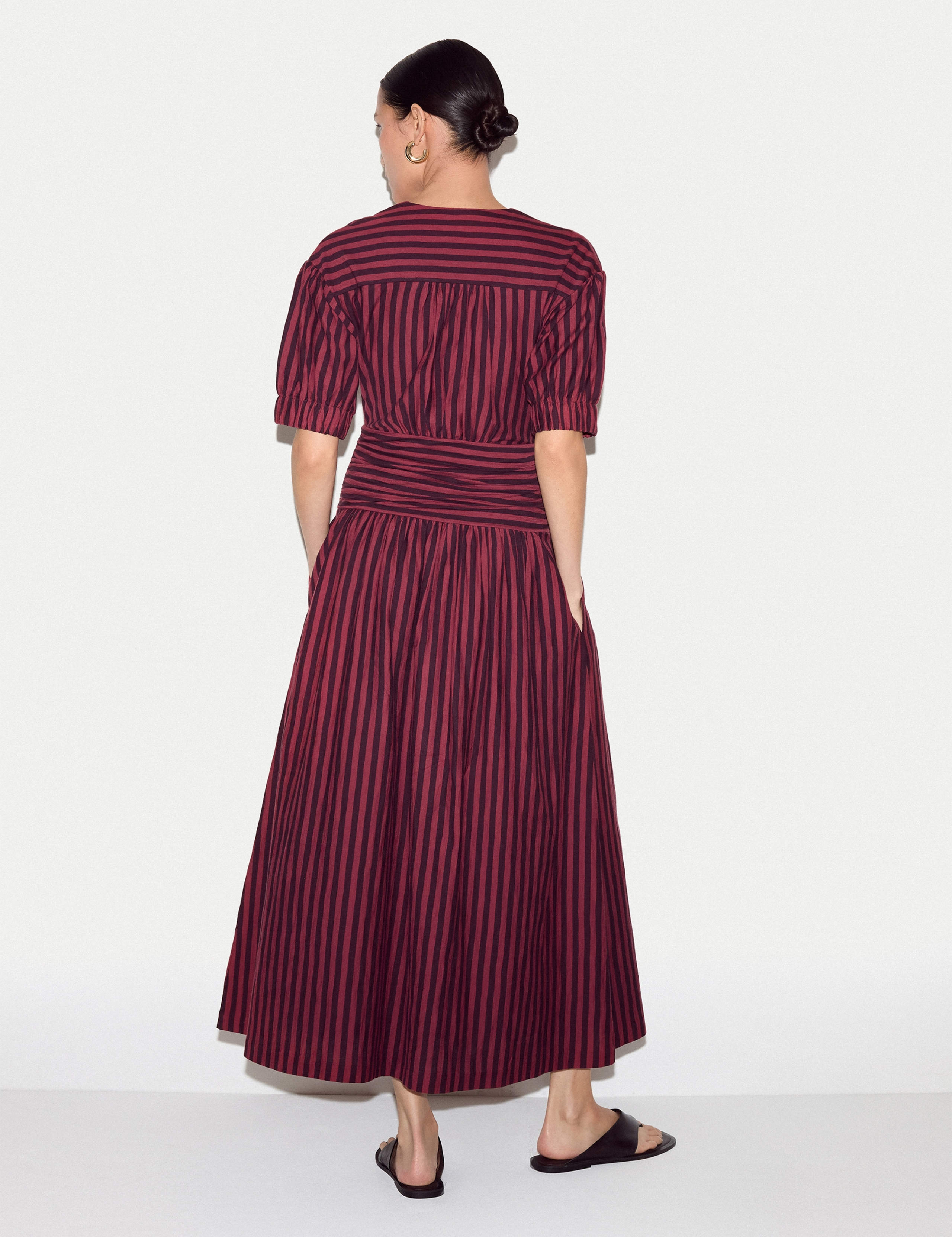 Jersey Striped V-Neck Midi Waisted Dress 3 of 6