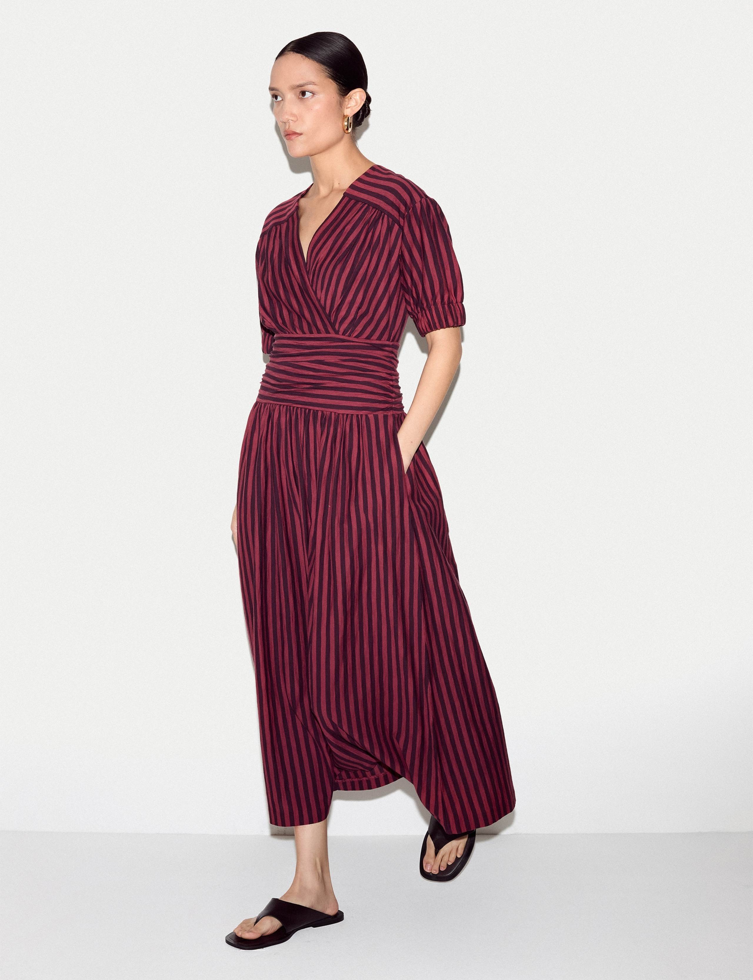 Jersey Striped V-Neck Midi Waisted Dress 6 of 6