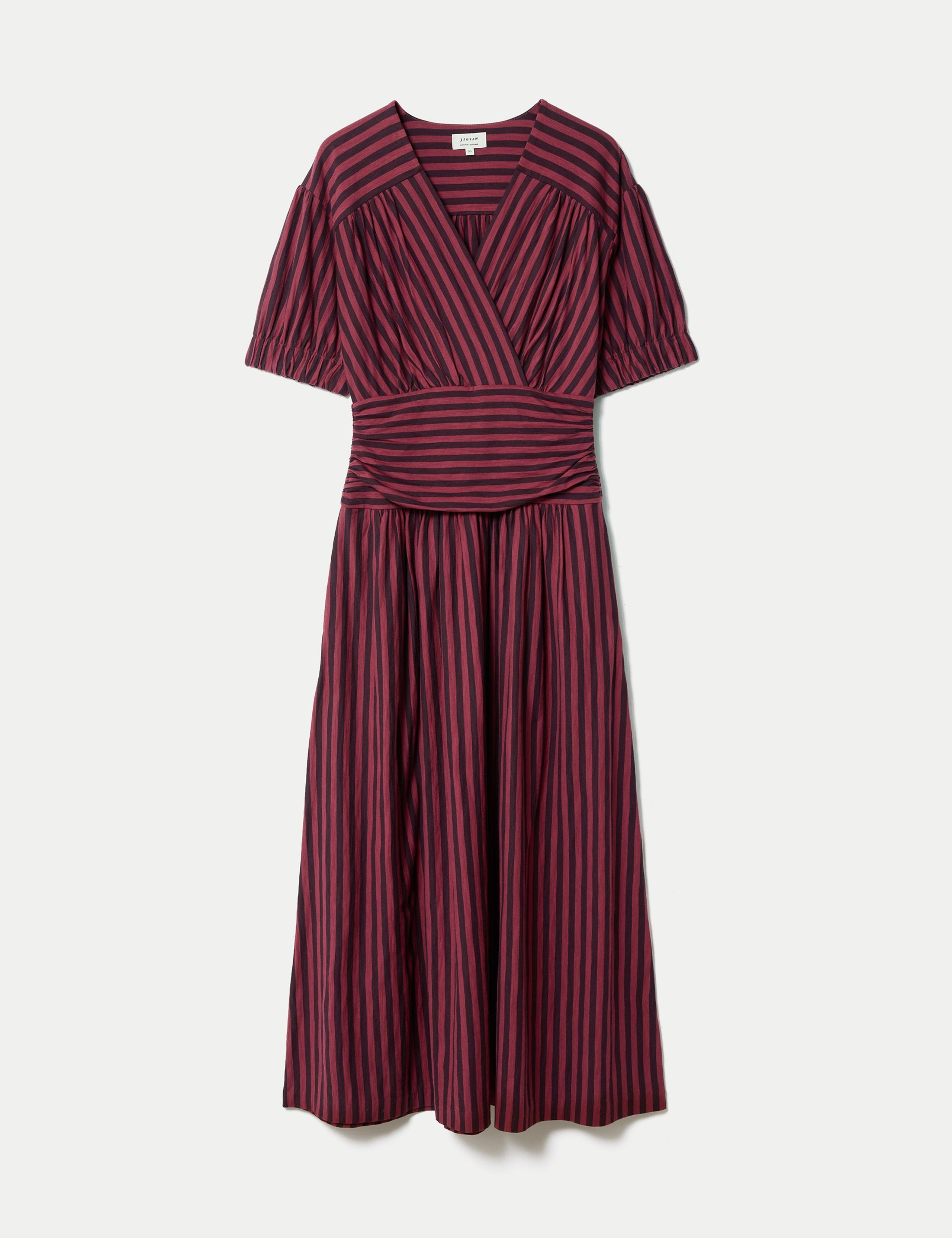 Jersey Striped V-Neck Midi Waisted Dress 2 of 6