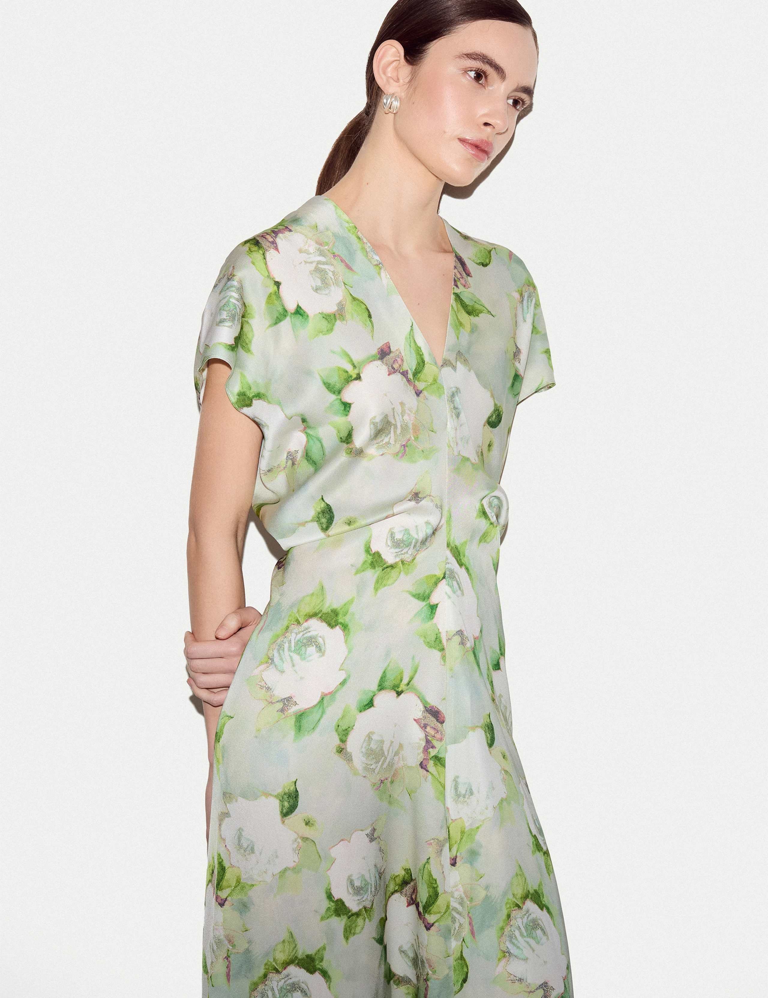 Satin Sketch Rose V-Neck Midaxi Tea Dress 5 of 5