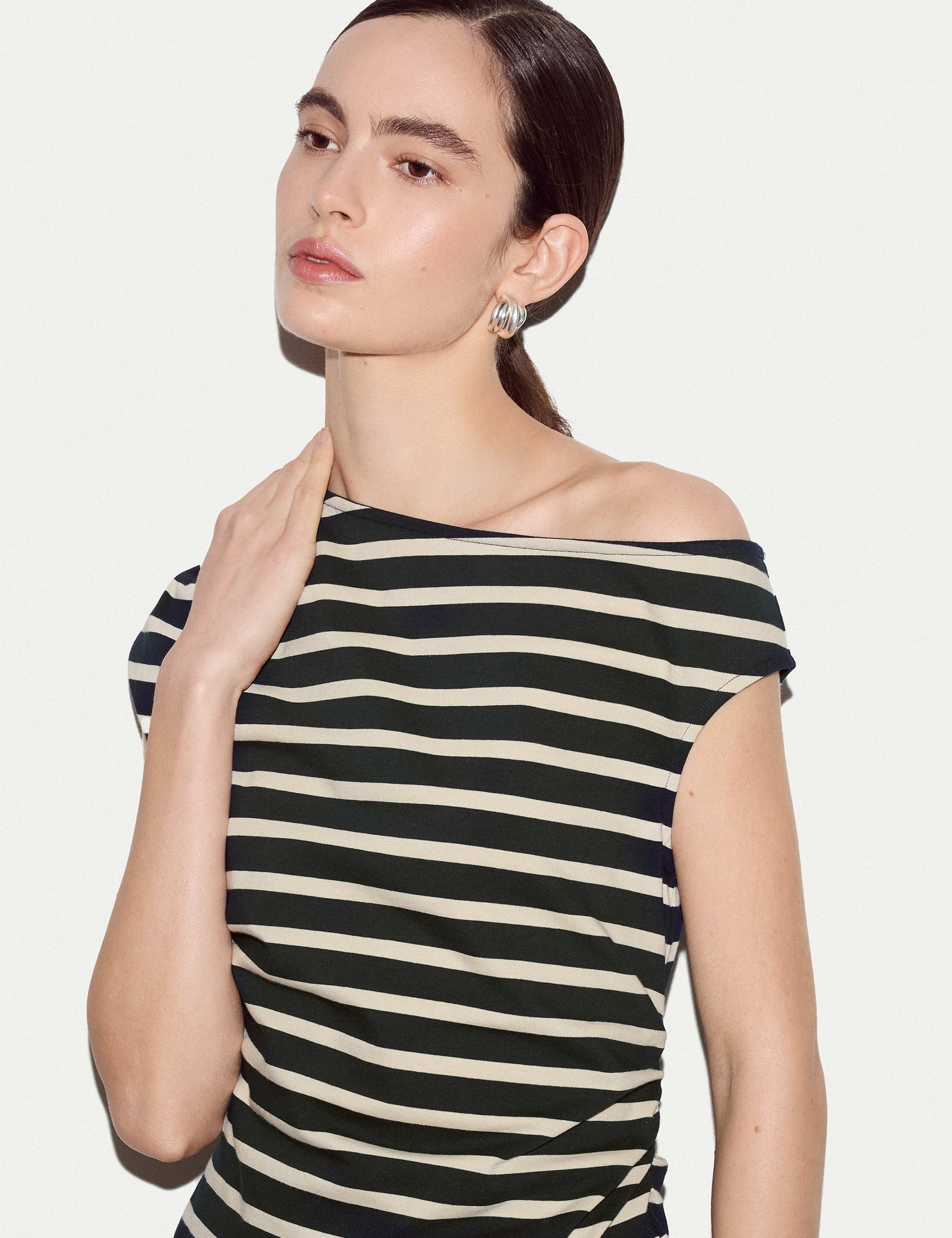 Pure Cotton Striped Off the Shoulder T-Shirt 3 of 5