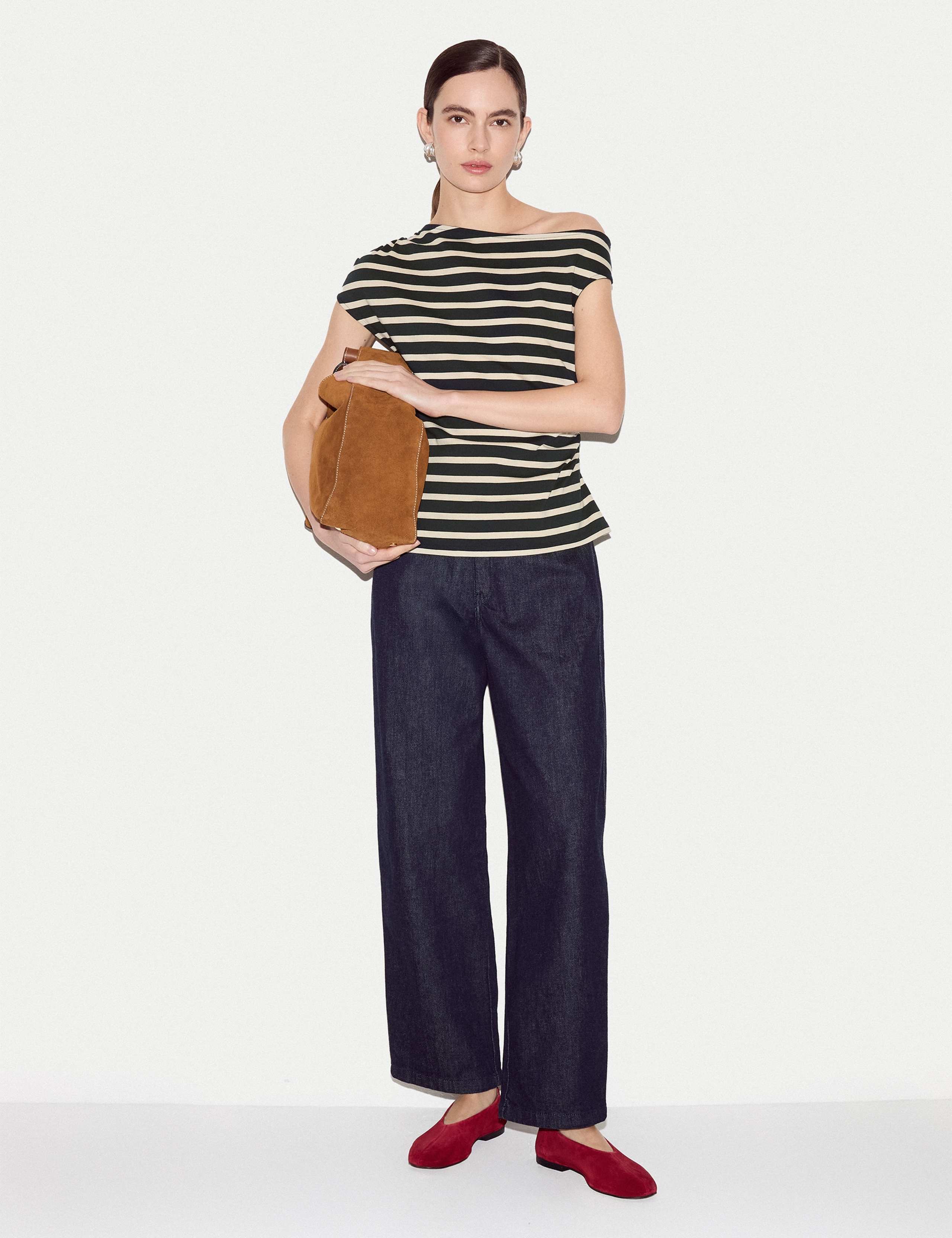Pure Cotton Striped Off the Shoulder T-Shirt 4 of 5