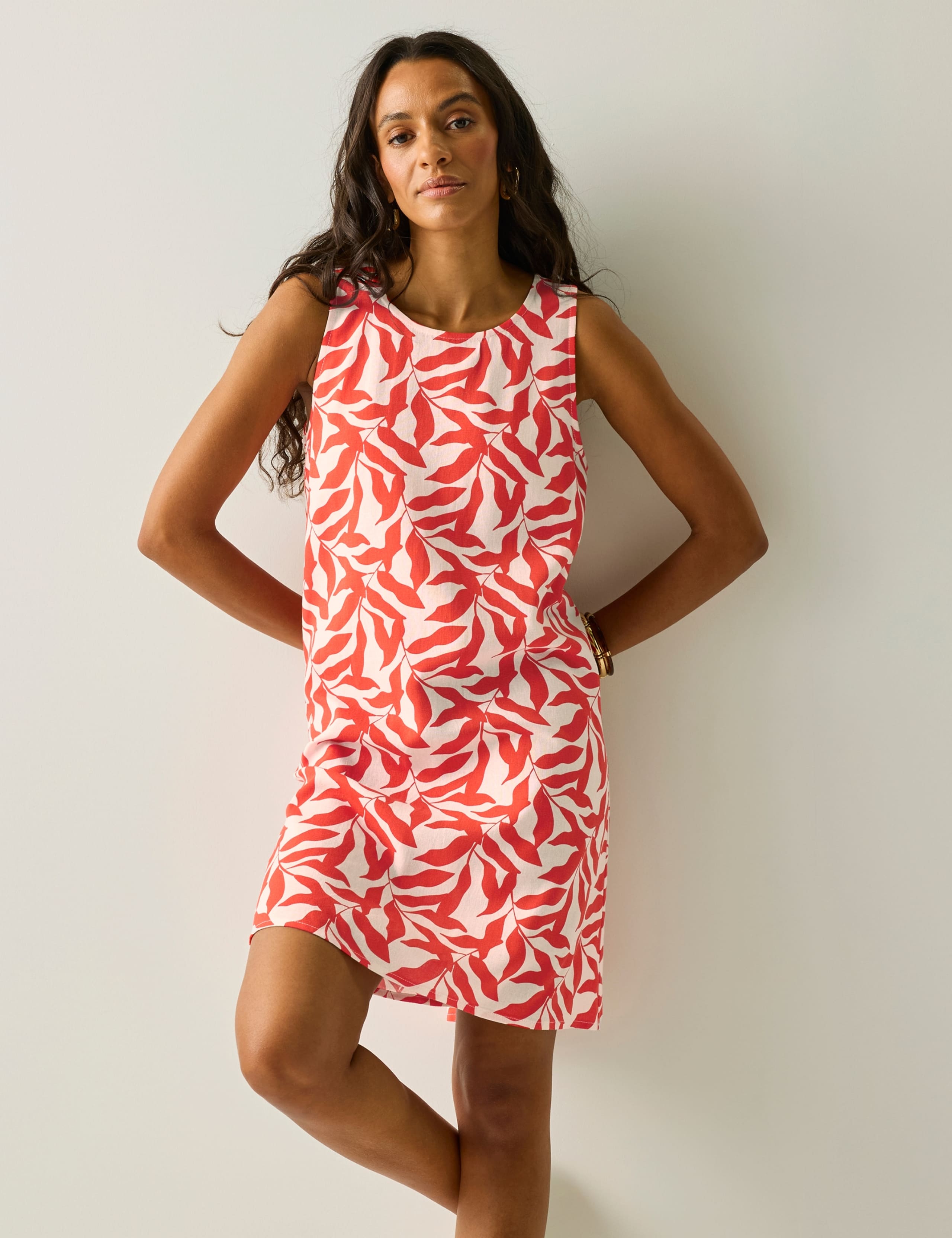 Leaf Print Knee Length Shift Dress with Linen 5 of 6
