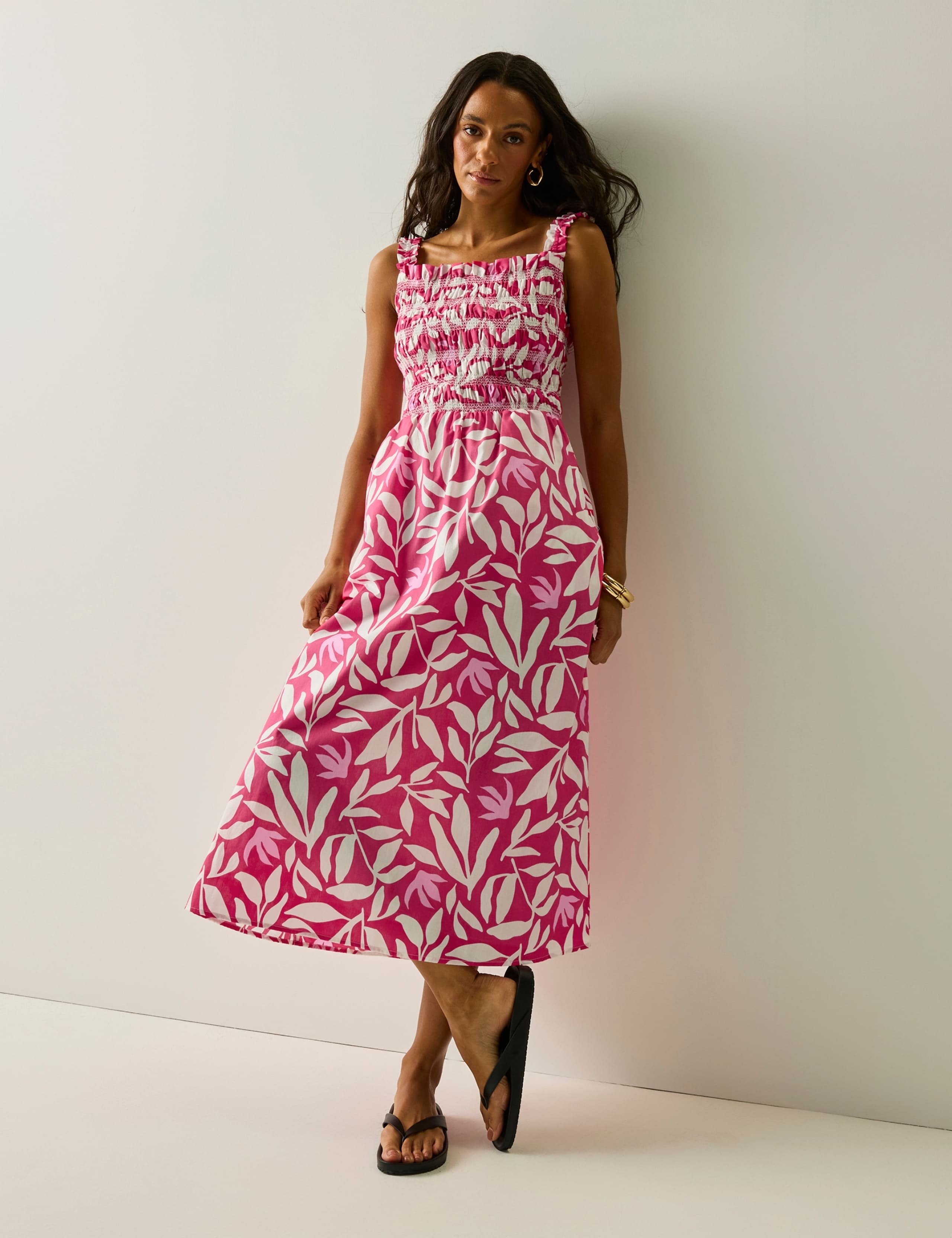 Pure Cotton Floral Square Neck Midi Shirred Dress 1 of 6