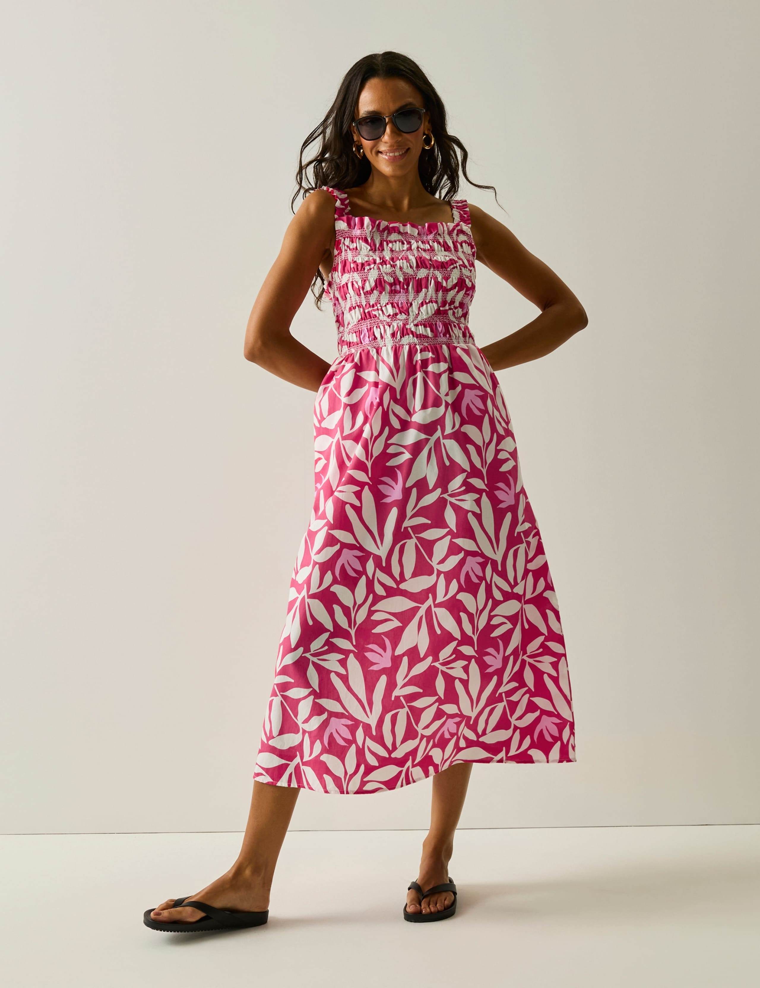 Pure Cotton Floral Square Neck Midi Shirred Dress 3 of 6