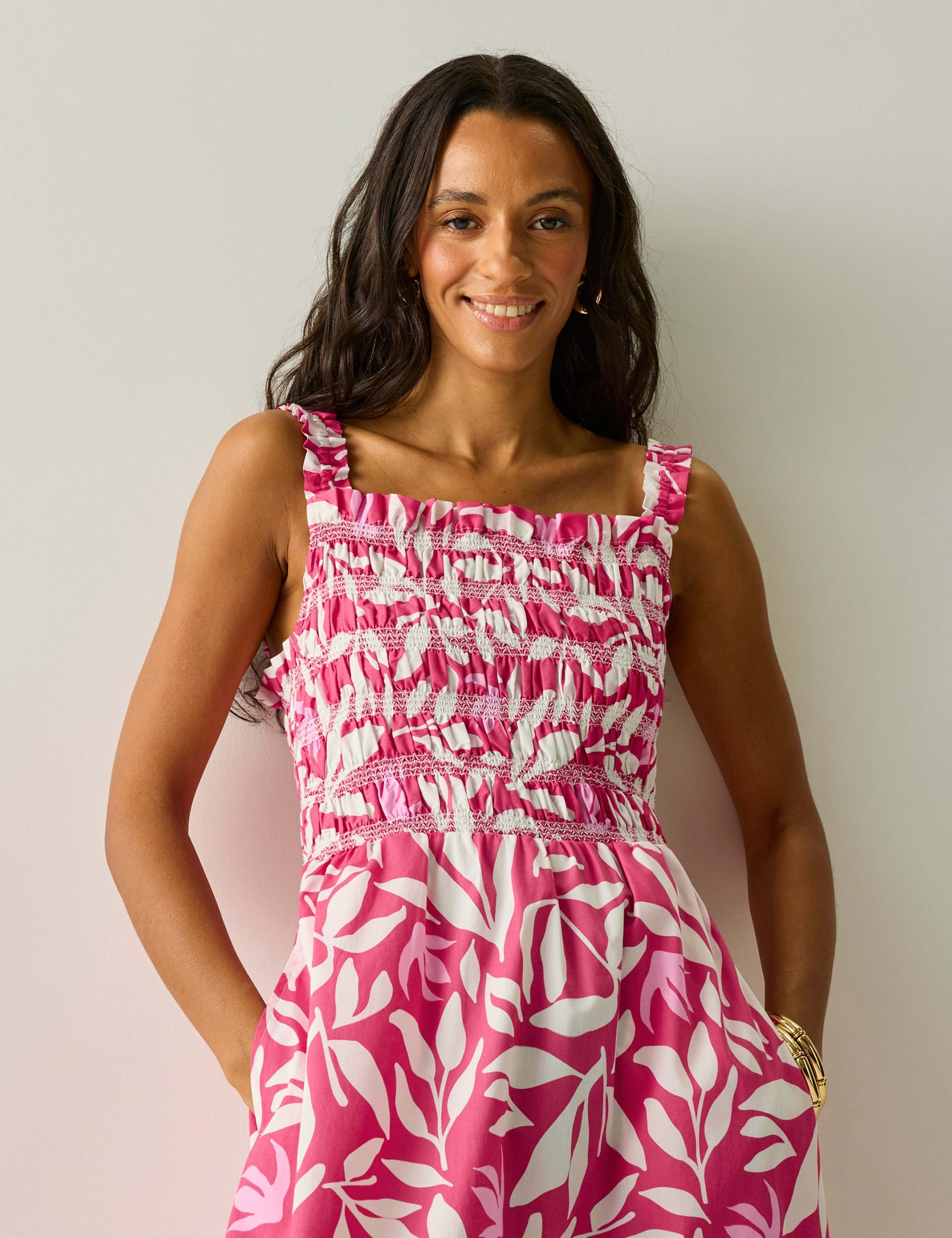 Pure Cotton Floral Square Neck Midi Shirred Dress 4 of 6