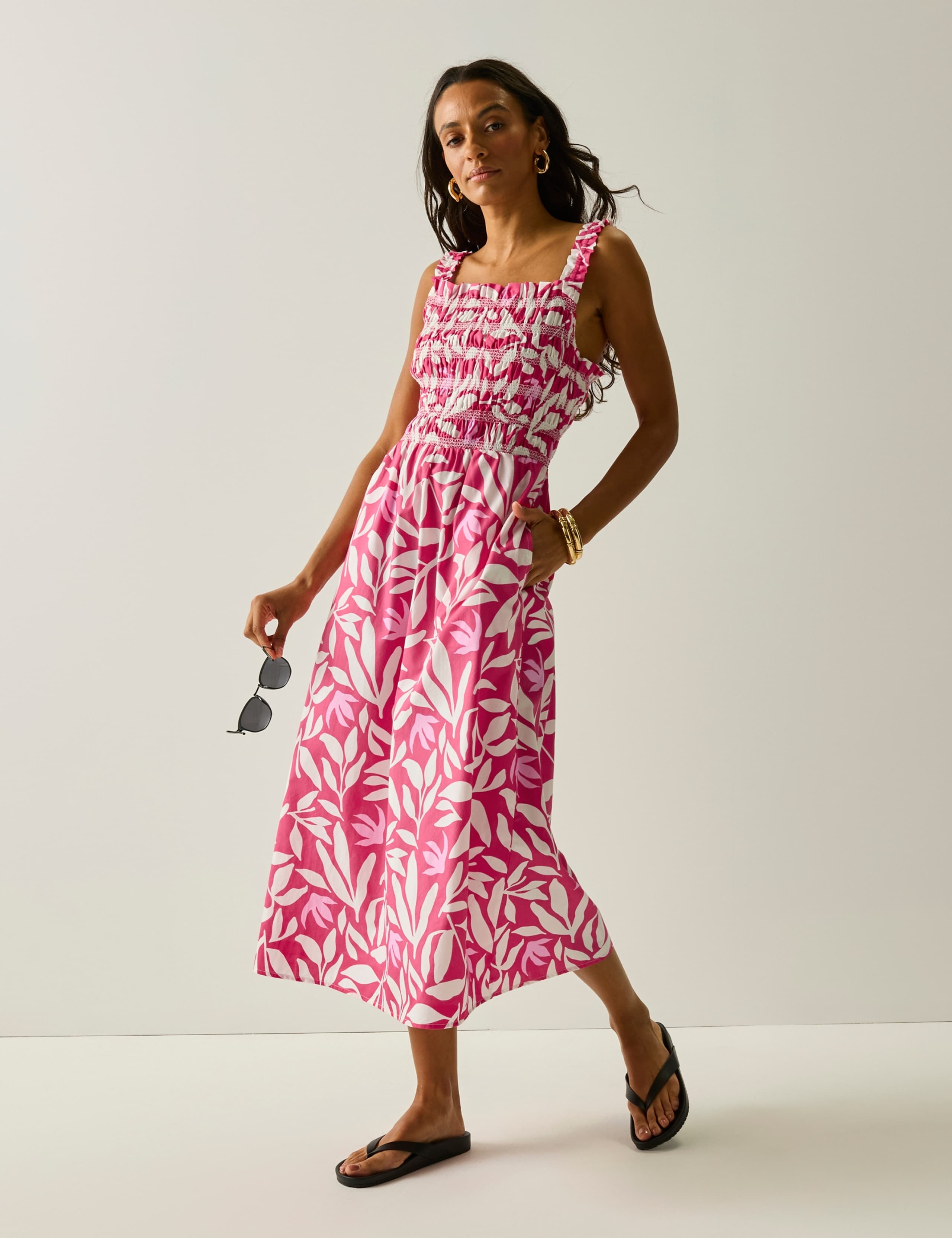 Pure Cotton Floral Square Neck Midi Shirred Dress 5 of 6