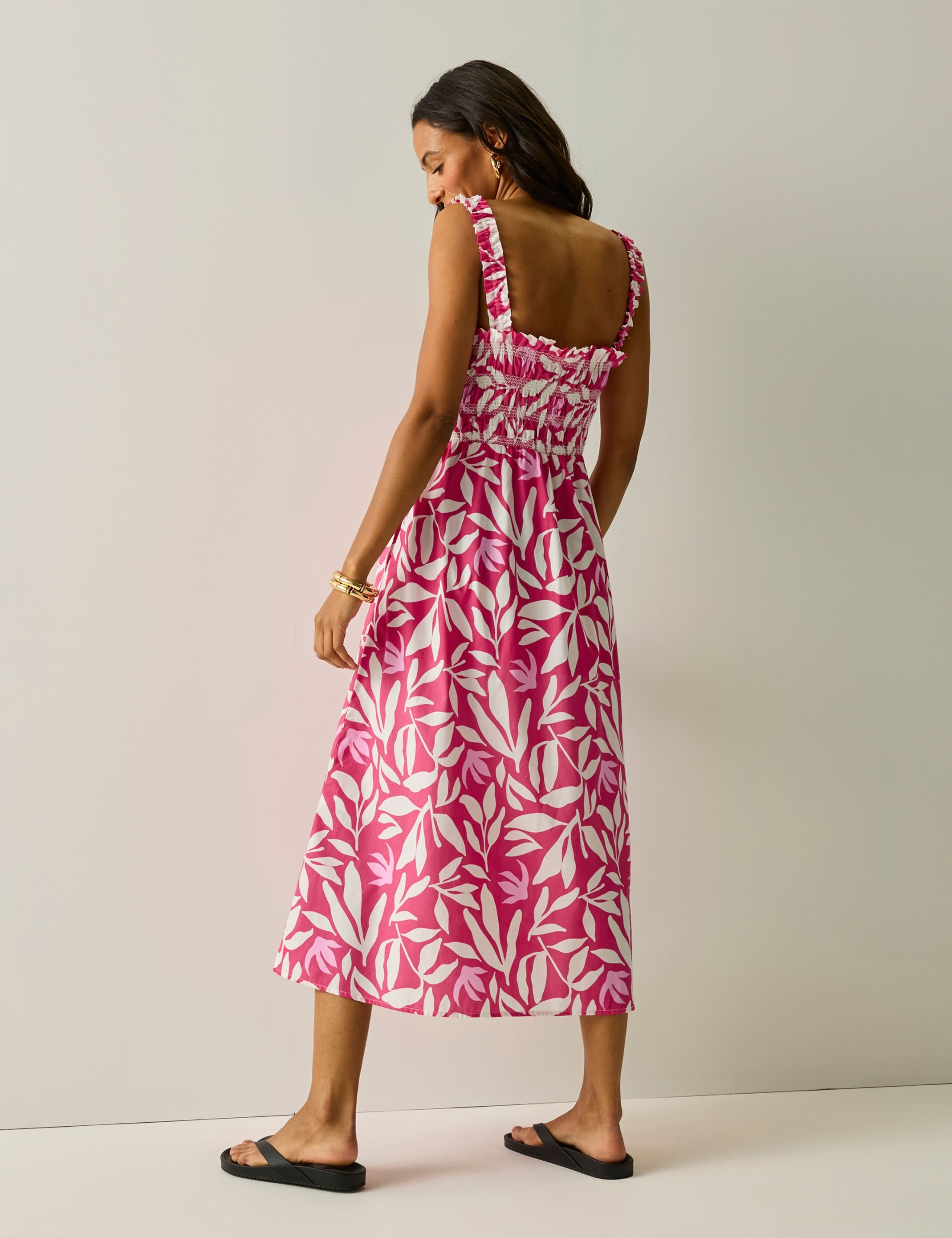 Pure Cotton Floral Square Neck Midi Shirred Dress 6 of 6